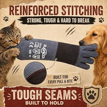 RAPICCA Animal Handling Gloves, Bite Proof Double Leather, 16 in Grey-Black