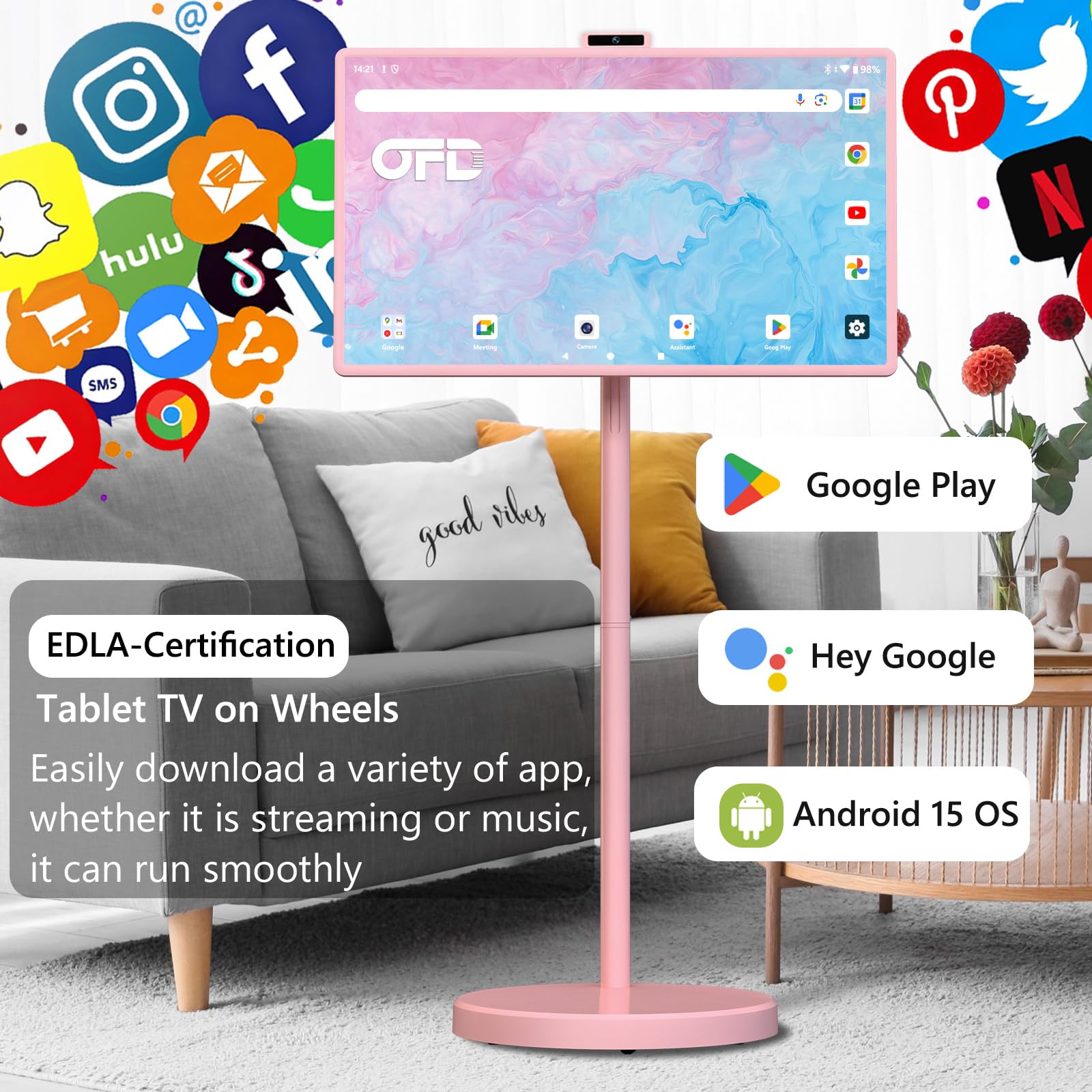 OFD TV portatile da 32 pollici su ruote FHD, Android 15, certificato EDLA, Rolling TV con 8+128GB ROM, monitor touch screen portatile, batteria incorporata 6-8H tempo di riproduzione, telecomando