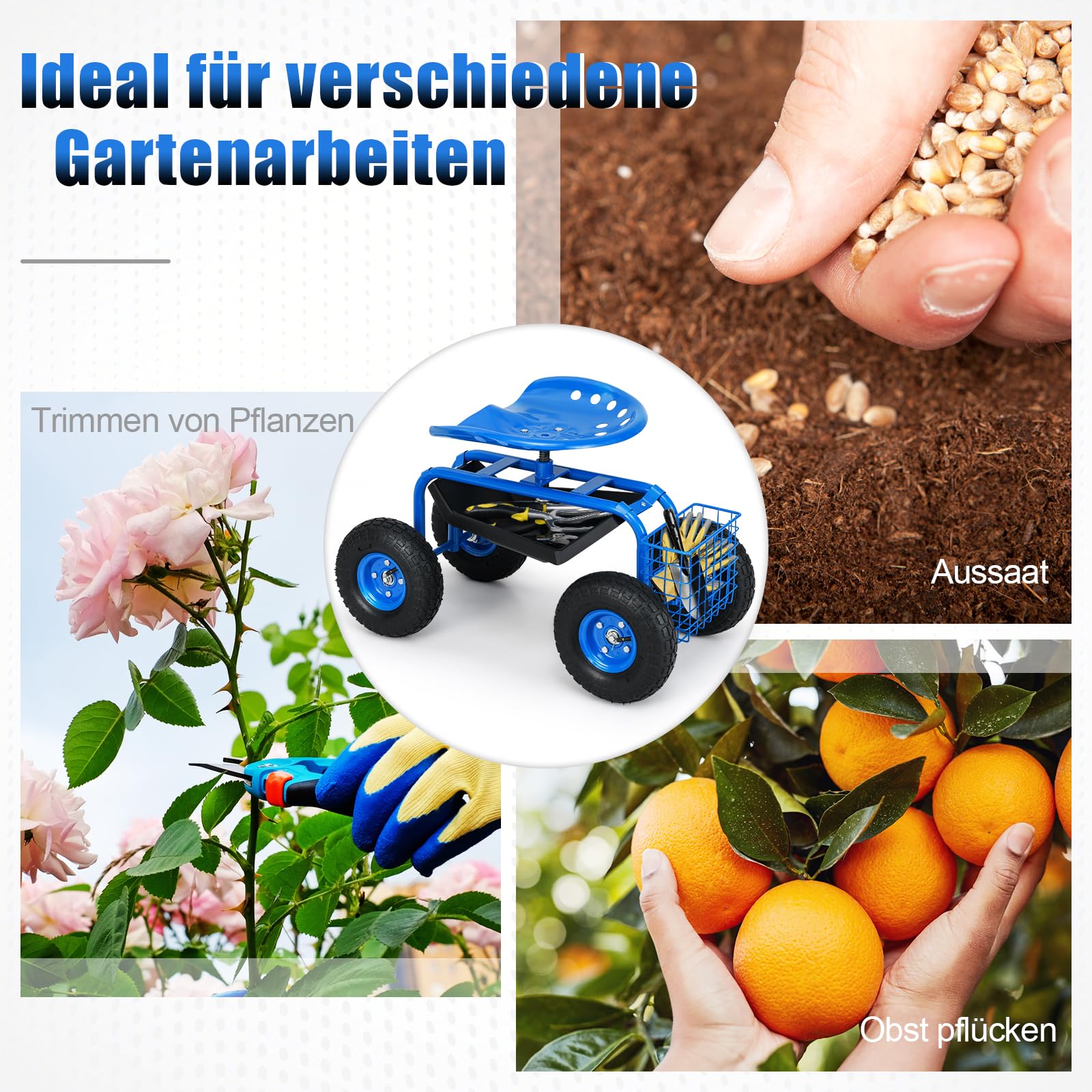 RELAX4LIFE Rollsitz mit Ablage & Korb, Gartensitz mit 4 Rädern, Gartenrollsitz 360 ° Drehbar & Höhenverstellbar 46-53cm, Fahrbarer Arbeitssitz, bis 150kg Belastbar, für Gartenarbeit Autopflege (Blau)