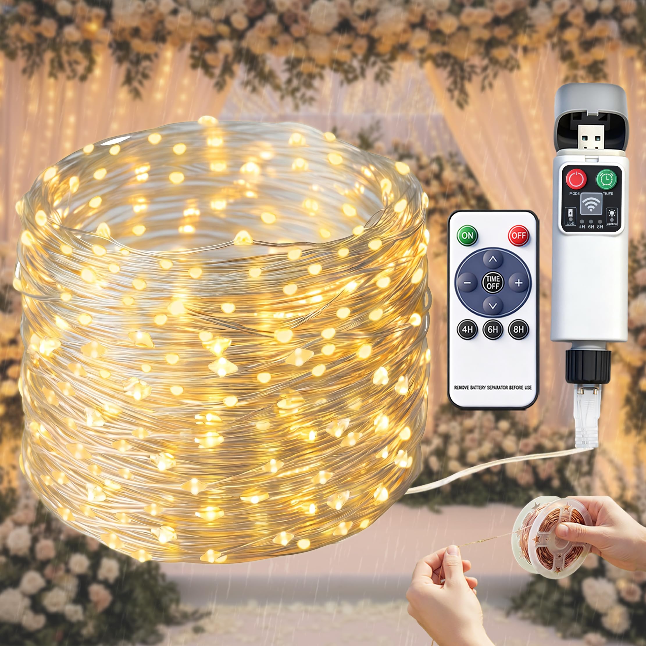 ACONDE Outdoor Fairy Lights with Reel: 2 min Quick Tidy Soft Copper Wire Waterproof Warm White USB 50m String Lights with Remote - Garden Wedding Decorations Save 80% Installation & Storage Time