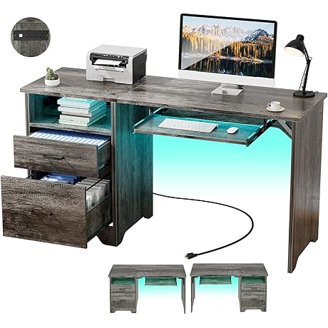 Ergonomic 55 Inch Computer Desk with Smart LED Light and Drawers