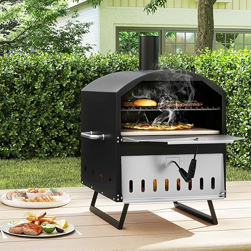 Miniatura 10 de Happygrill Horno de pizza al aire libre con 2 ruedas, termómetro integrado, piedra para pizza, cáscara de pizza, cubierta impermeable, calentador de
