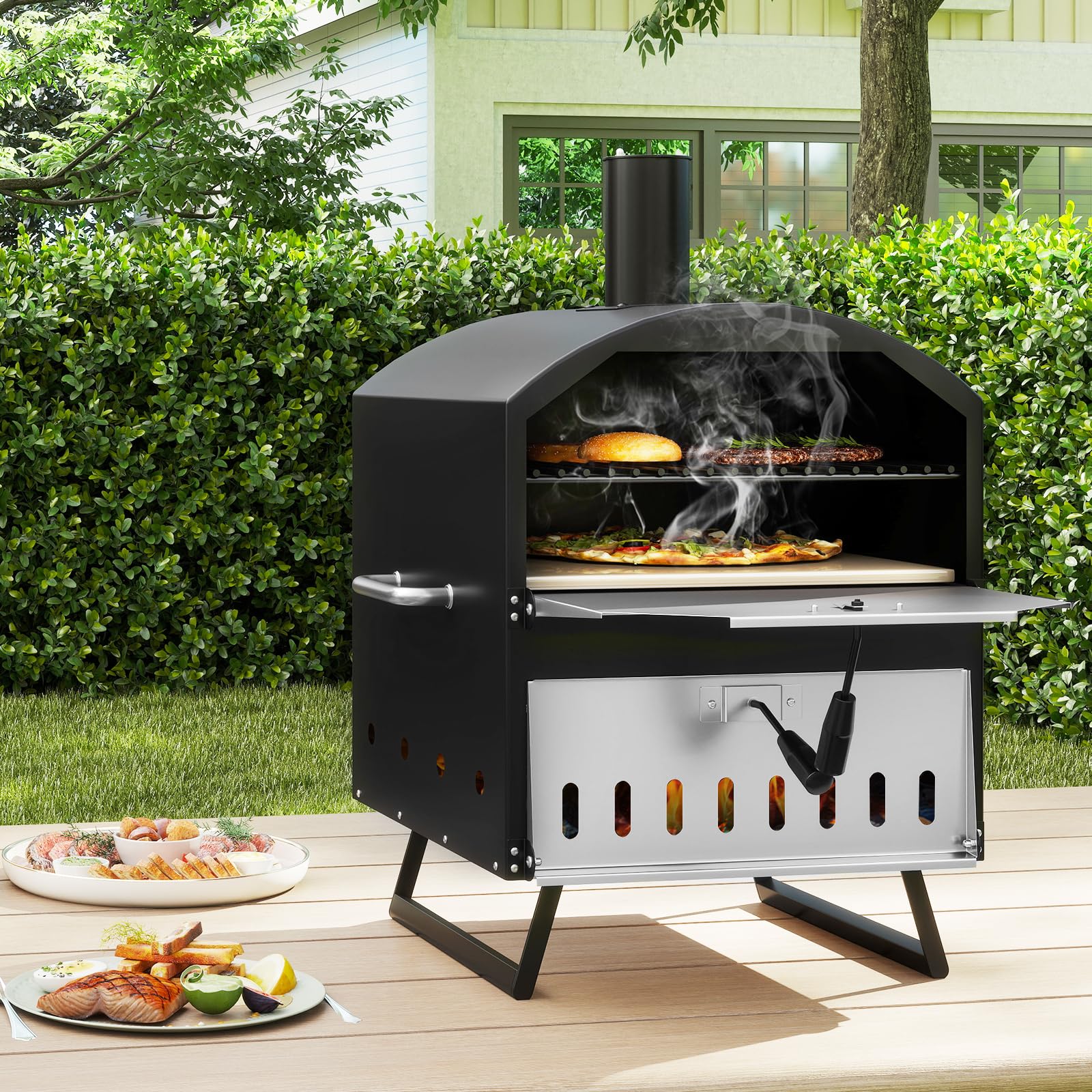GOPLUS Horno de Pizza 16 Pulgadas Exterior, Horno de Pizza de Leña de 2 Capas con Piedra, Pala y Rejillas para Parrilla, Portátil con Patas Plegables y Cubierta, para Camping, BBQ, 61 x 53 x 83 cm