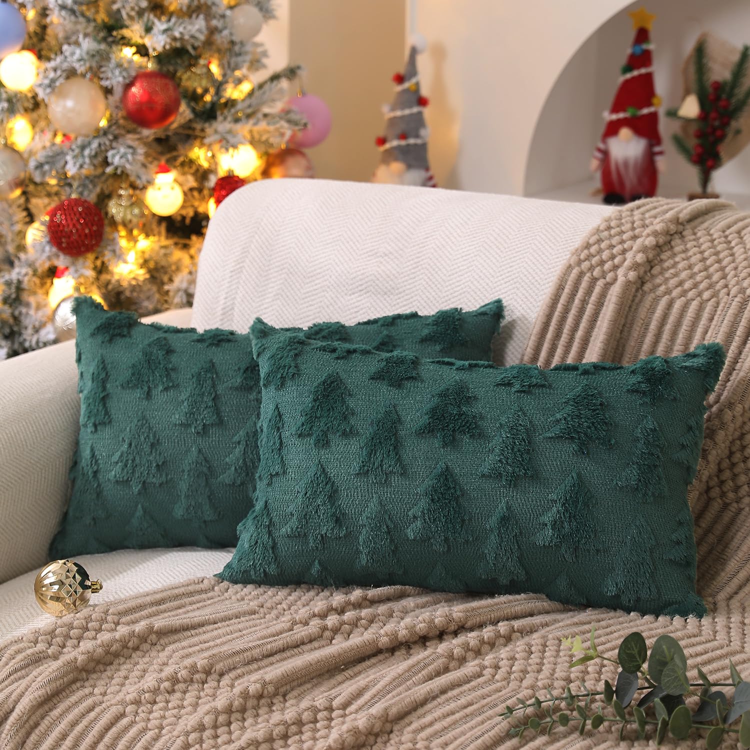 DFXSZ Christmas Tree Pillow Covers 12x20 inch Set of 2 Christmas Decoration Green Soft Plush Faux Fur Jacquard Throw Pillows for Bedroom Sofa Holiday Festivals Winter Home Decor PTK006A12