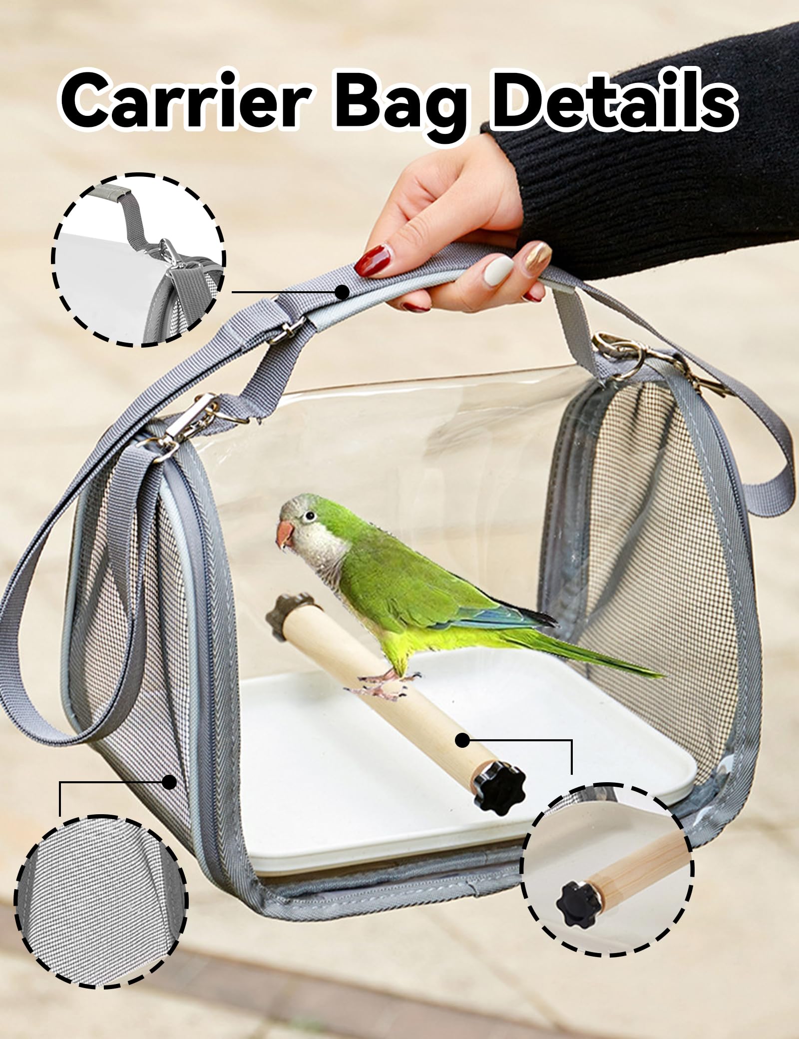 Vogelkäfig, Vogel Transportbox mit Holzstab & Tablett für Wellensittich/Sittiche, Bird Transport Box, 33x23x21cm
