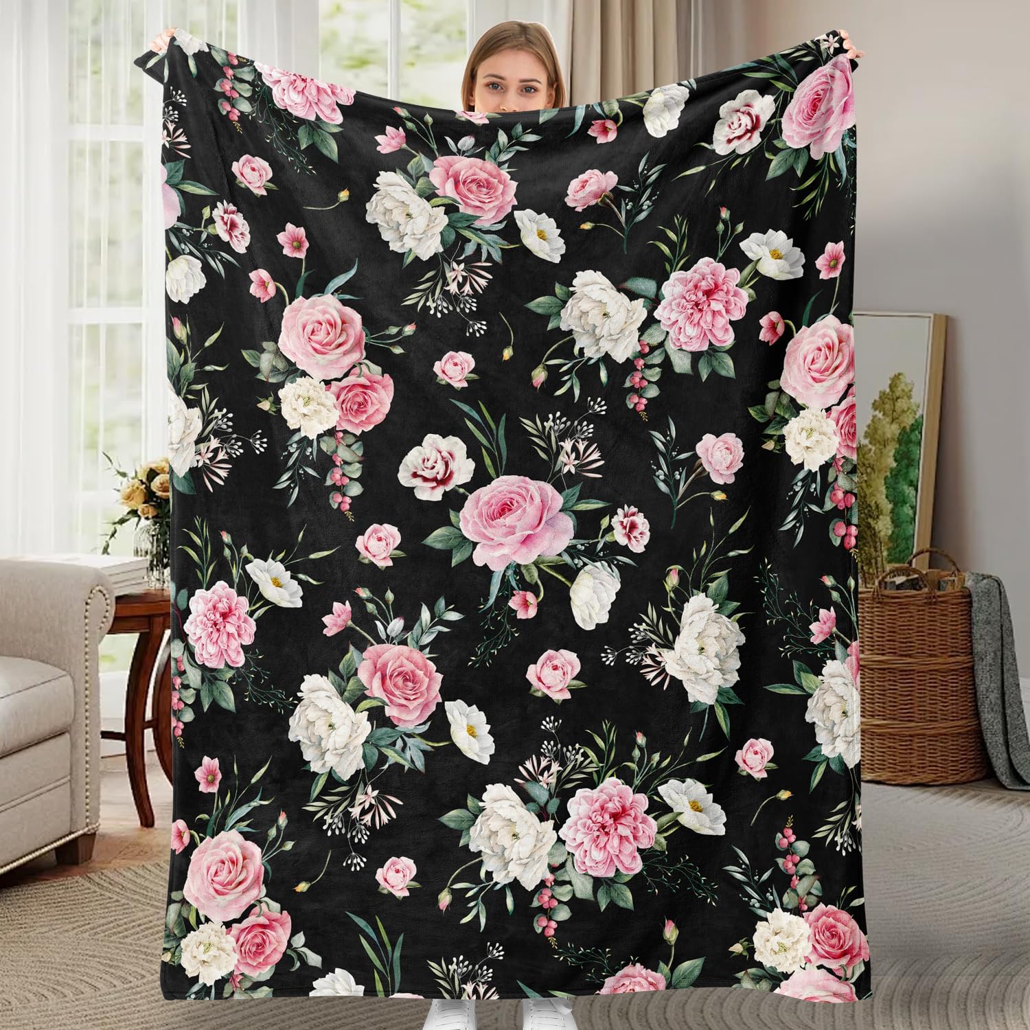 Floral Throw Blanket Botanical Flower Blanket Ultra Soft Flannel Fleece Throw Blankets Lightweight Cozy Fluffy Plush Blankets for Bed Couch Sofa 60"X80"