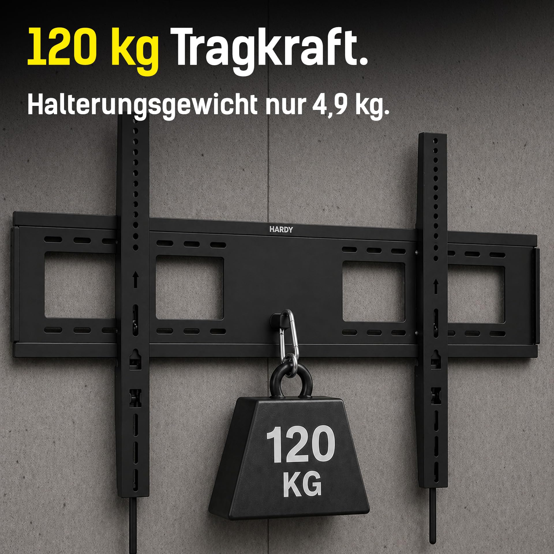 H Hardy TV Wandhalterung MaxX 120 Flach 60-120 Zoll Bis 120 kg | Nur 28 mm wandnah mit rückseitigem Sicherungsverschluss, VESA 150x150-1000x600 mm, inklusive Wasserwaage und Montageset