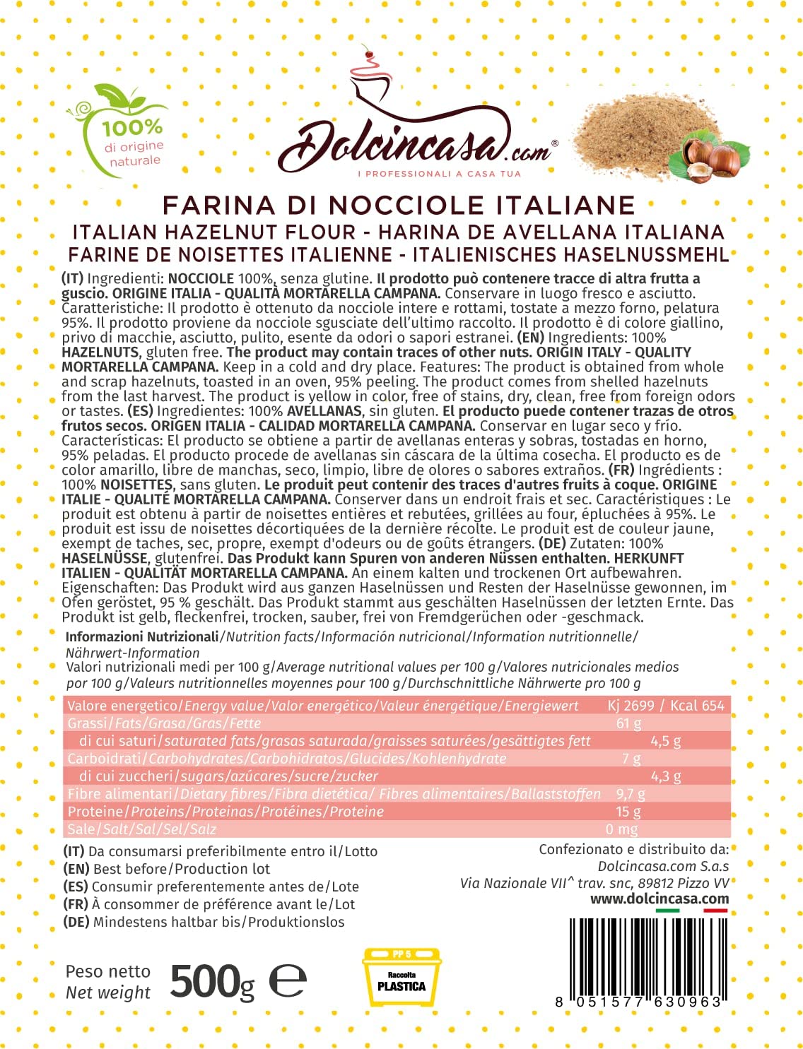 Dolcincasa-Farina Di Nocciole Tostate Campane Mortarella per ricette dolci, salate e panificazione 500g