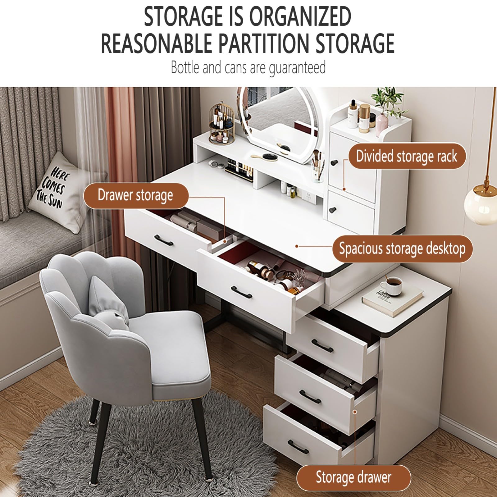 Scrivania da trucco illuminata con specchio LED regolabile con 5 cassetti, tavolo da toeletta per camera da letto, elegante stazione di trucco 80-100 cm, design moderno per gli amanti della bellezza