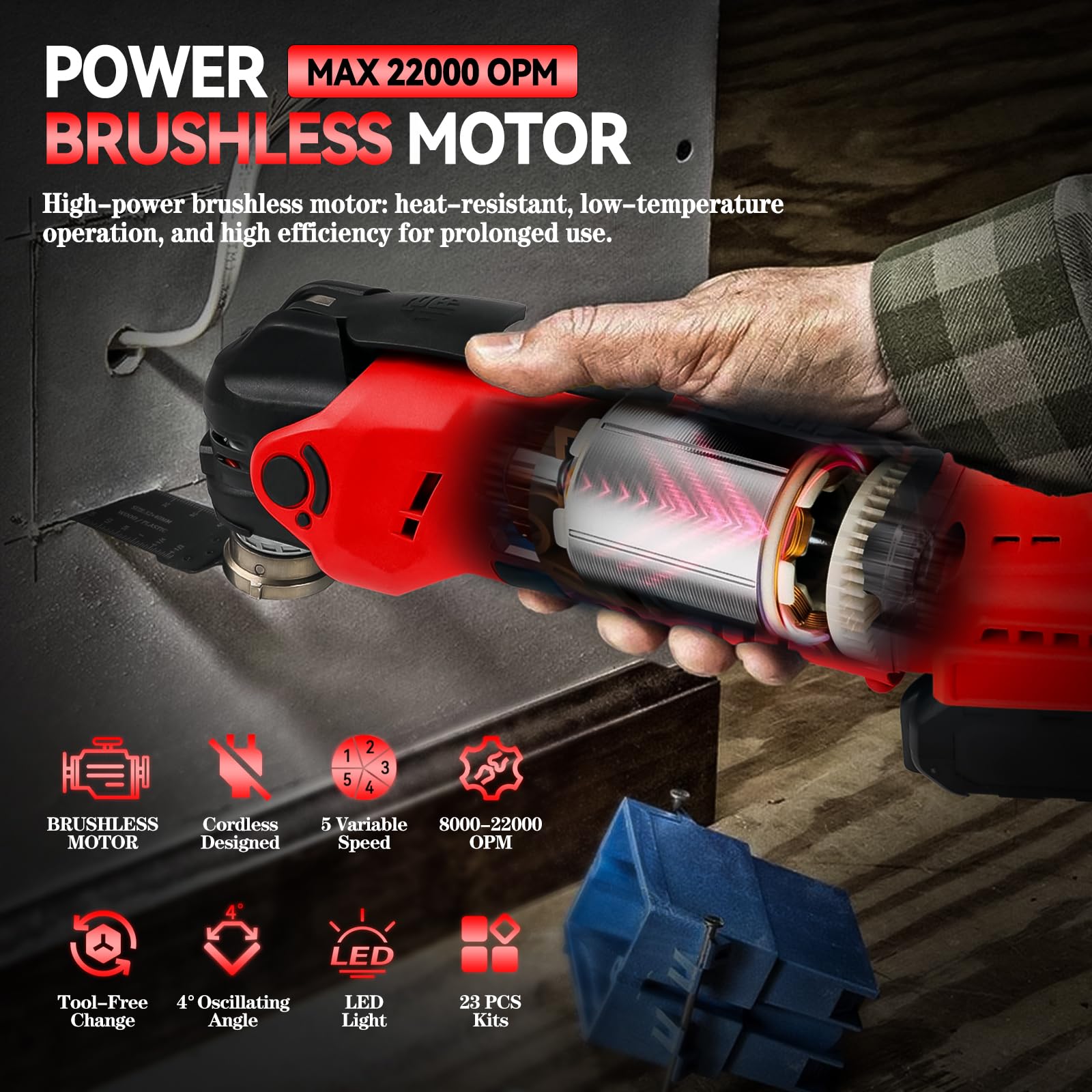 Utensili oscillanti multifunzione per batteria Milwaukee 18 V, strumento oscillante senza spazzole con accessori da 22 pezzi, 5 velocità variabili, angolo di oscillazione 4° (senza batteria)