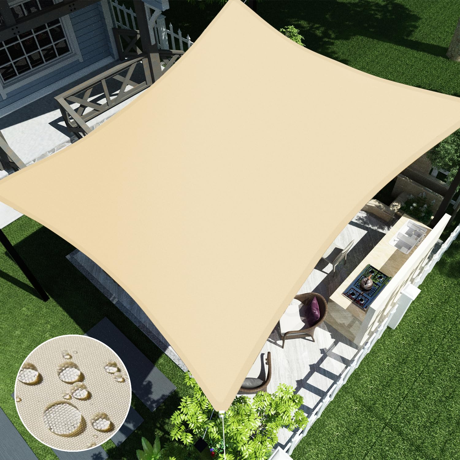 ECOOPTS 12'x12' Waterproof Sun Shade Sail Rectangle Canopy Cover UV Blockage for Outdoor Patio Pergola Backyard Garden (Beige)