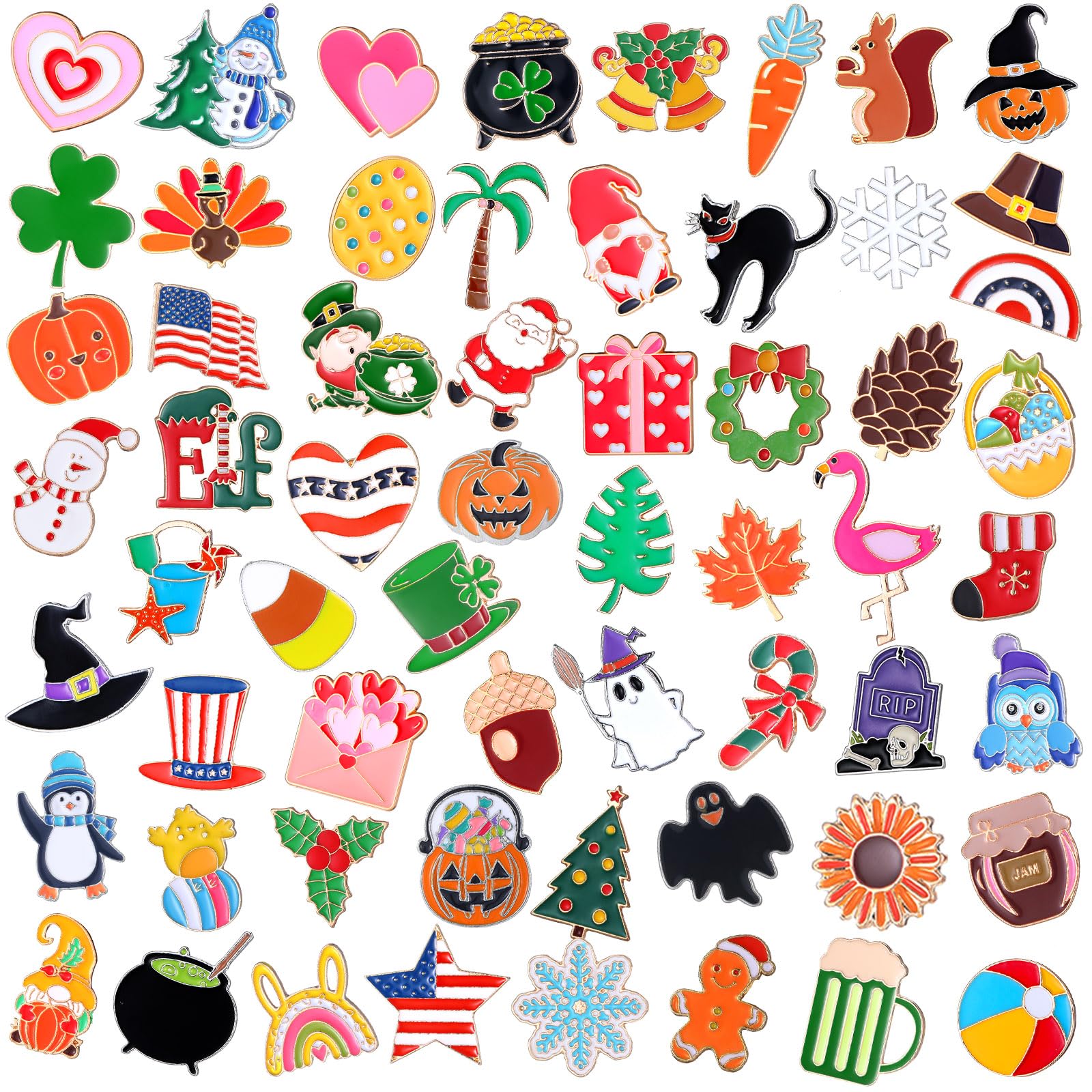 Yinkin 60 Pcs Holiday Enamel Pins Bulk Winter St. Patrick's Easter American Patriotic 250th Anniversary Enamel Brooch Pin Set for Backpack Lapel Mixed