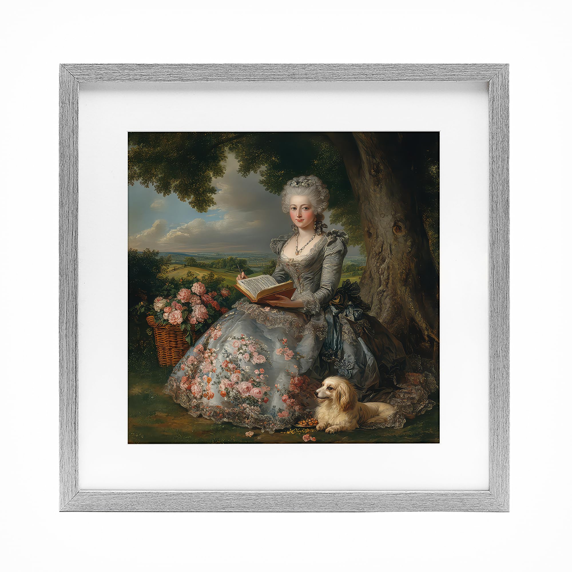 Stupell Industries Farmhouse Gray (Textured) 'Reading Rococo Lady With Dog'| Framed Print Under Glass