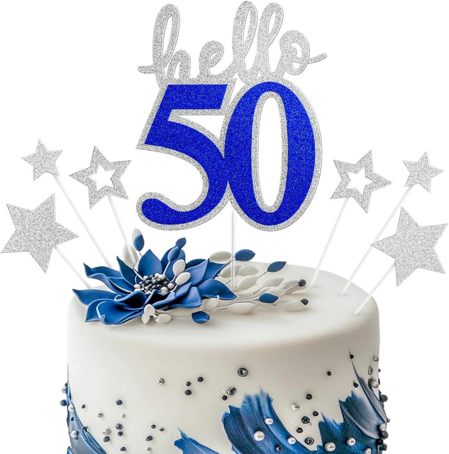 Amazon.com: Hello 50 Cake Topper - Blue Silver 50th Birthday ...