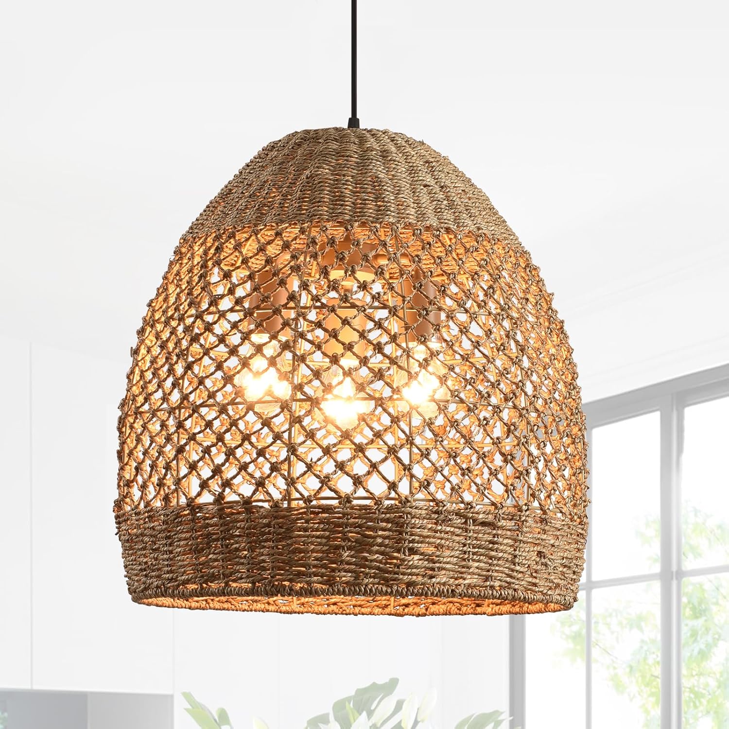3-Light 19.7" Rattan Pendant Light Fixture, Handmade Rattan Wicker Bohemian Ceiling Light, Kitchen Island Farmhouse Dining Room Height Adjustable
