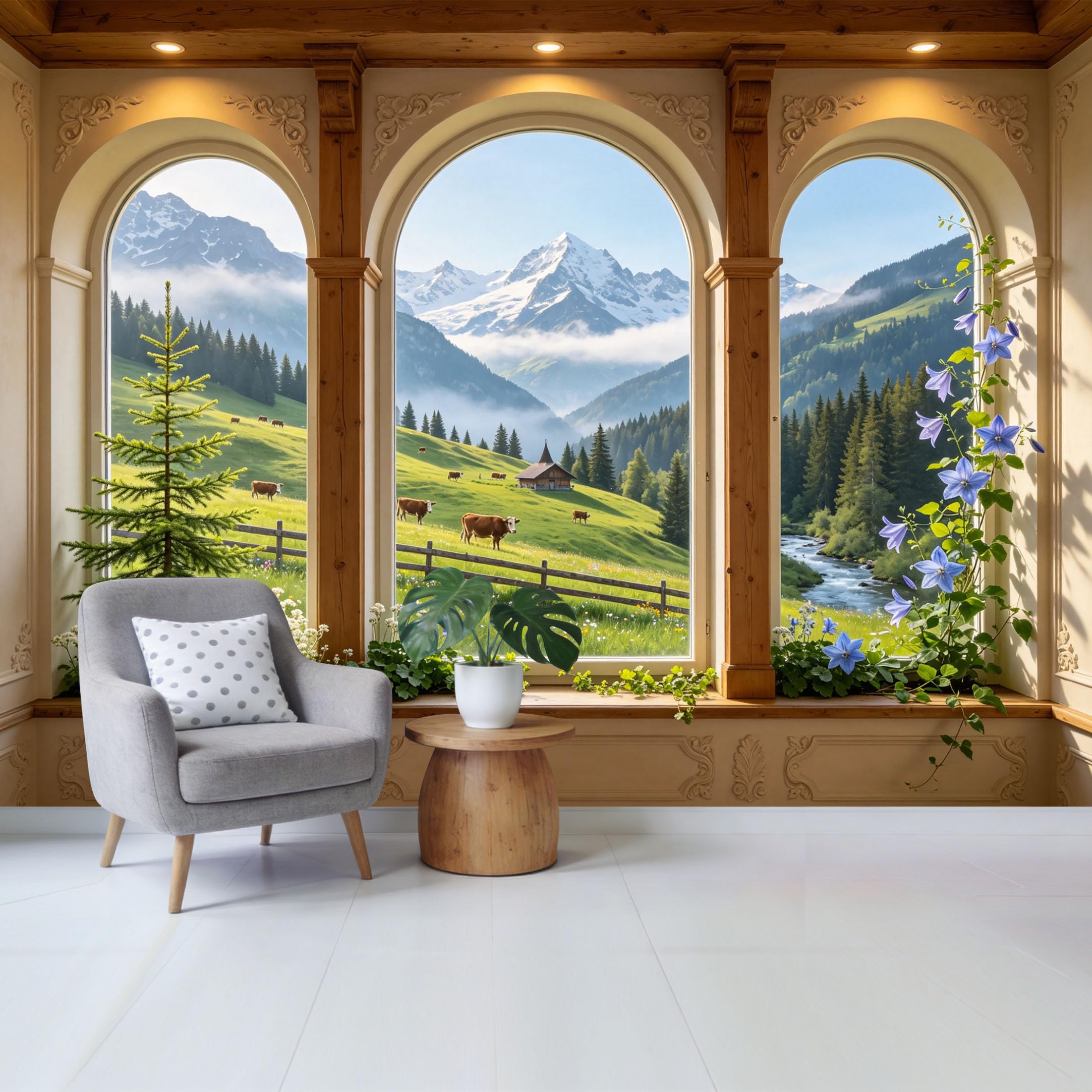 Removable Self Adhesive Fabric Mural， Alpine Meadow Mountain Landscape Custom Size Wall Covering， UV Protected Waterproof Washable Wall Decor for Living Room Bedroom Bathroom