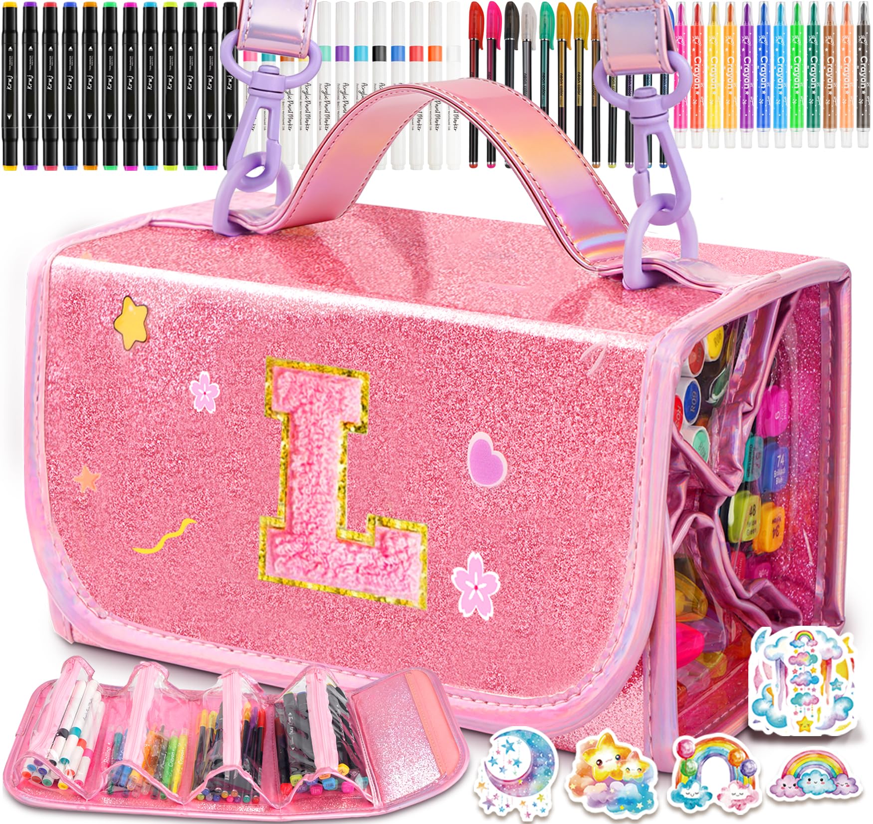 SHXWELL 69 PCS Initial Washable Scented Markers Set with Glitte Pencil Case Shoulder Strap, Personalized Art Supplies and Crafts for Kids Ages 4-6-8, Birthday Gifts for Girls Coloring Markers Set (L)