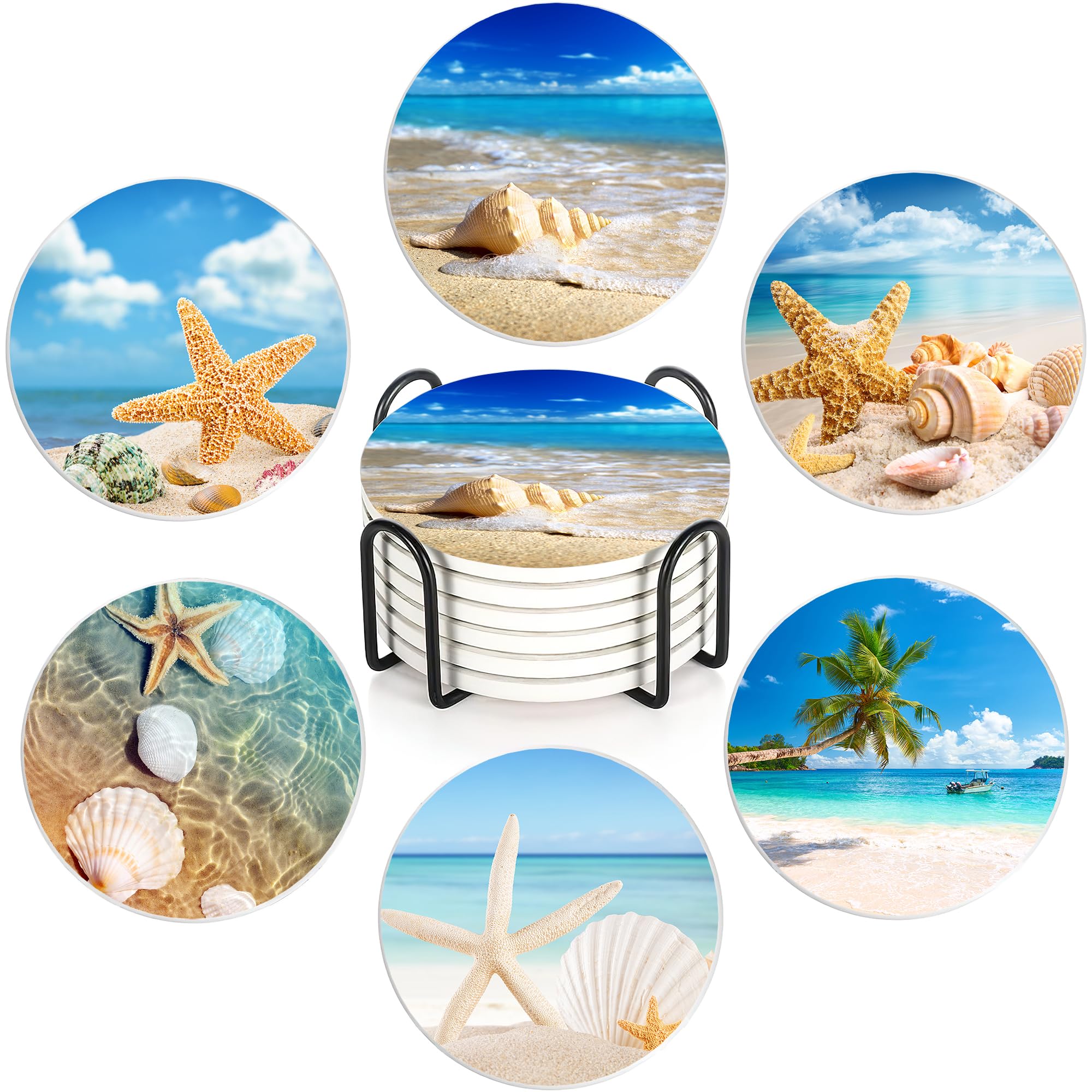 Drink Coasters with Holder,6 Pcs Beach Seaside Design, Water-Absorbent Beverage Pads for Dining Table Decor & Glass Protection