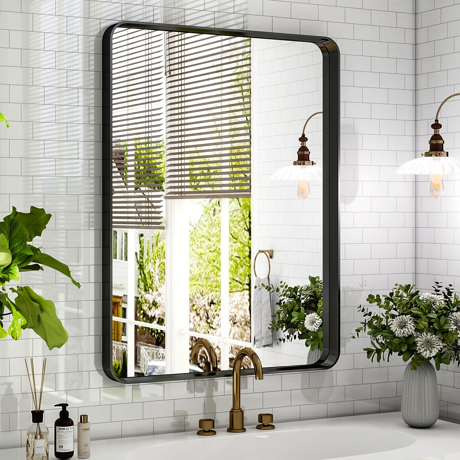VETROVUE Black Bathroom Mirror for Wall, 32"x24" Inch Rounded Rectangle Mirror with Metal Framed, Modern Vanity Mirrors for Bedroom, Living Room, Hanging or Leaning Horizontal or Vertical