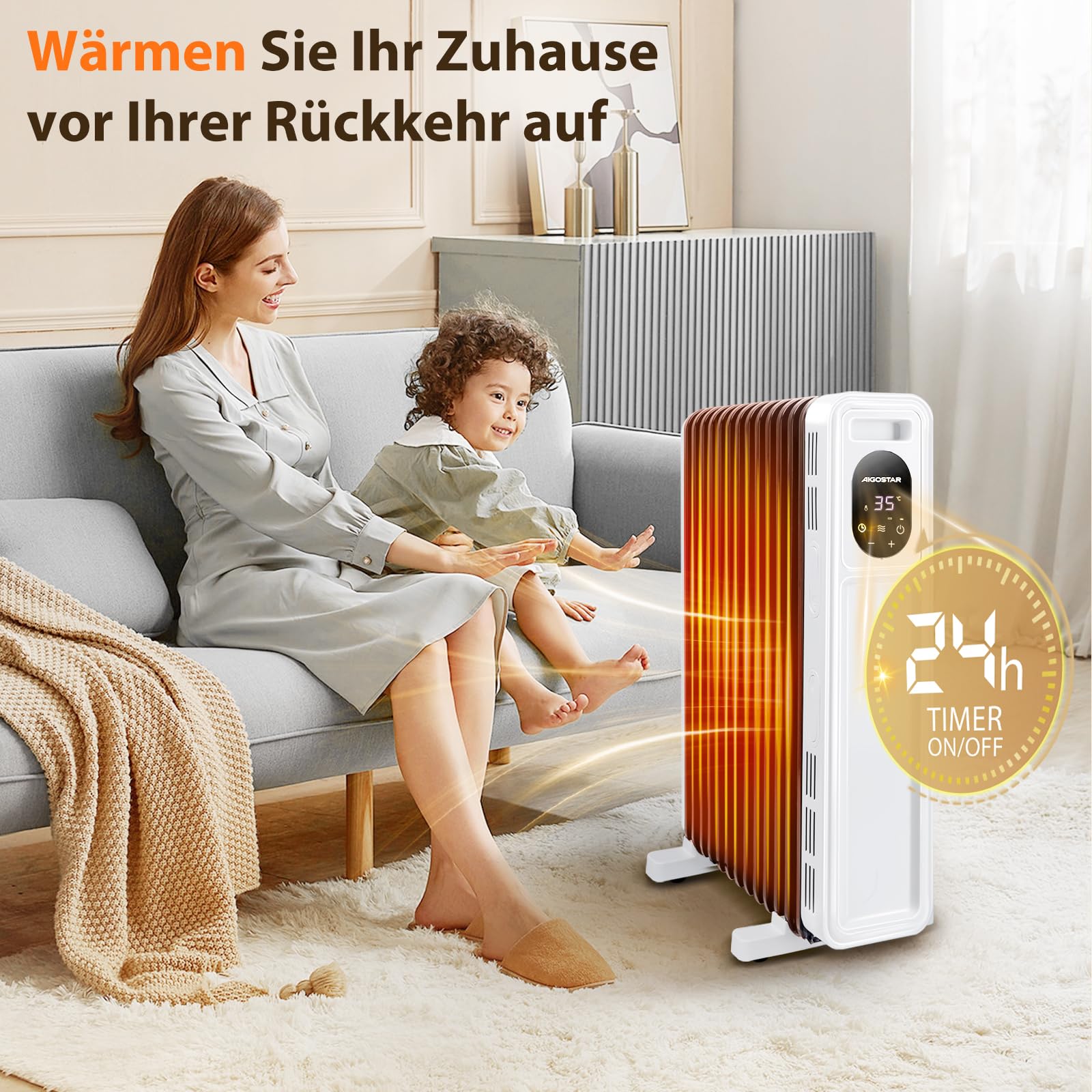 Aigostar Energiesparend Ölradiator mit Fernbedienung, 3 Modi, 24h Timer | 2300W, 11 Rippen Heizung Elektrisch mit Thermostat, LED-Anzeige, Kipp & Überhitzungsschutz, Mobiler Radiator Heaters for Room