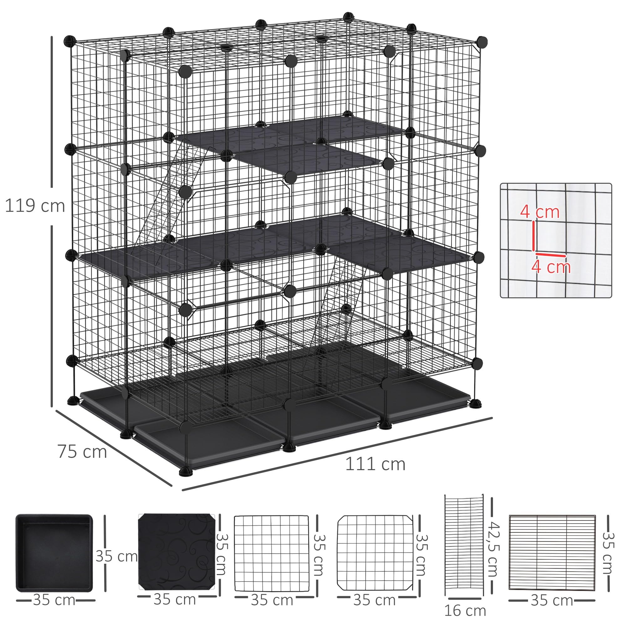 PawHut Recinzione Metallica per Piccoli Animali Montaggio Fai-da-Te Parco Metallico Smontabile a 3 Livelli Gabbia per Animali Domestici Piccoli 111x75x119 cm Nero