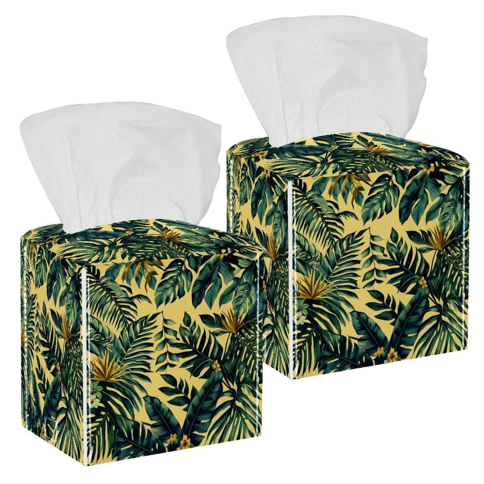 Aesthetic Leaves Tissue Box Cover, 2 Pack PU Leather Square Facial Tissue Dispenser Box holder for Home Office Car