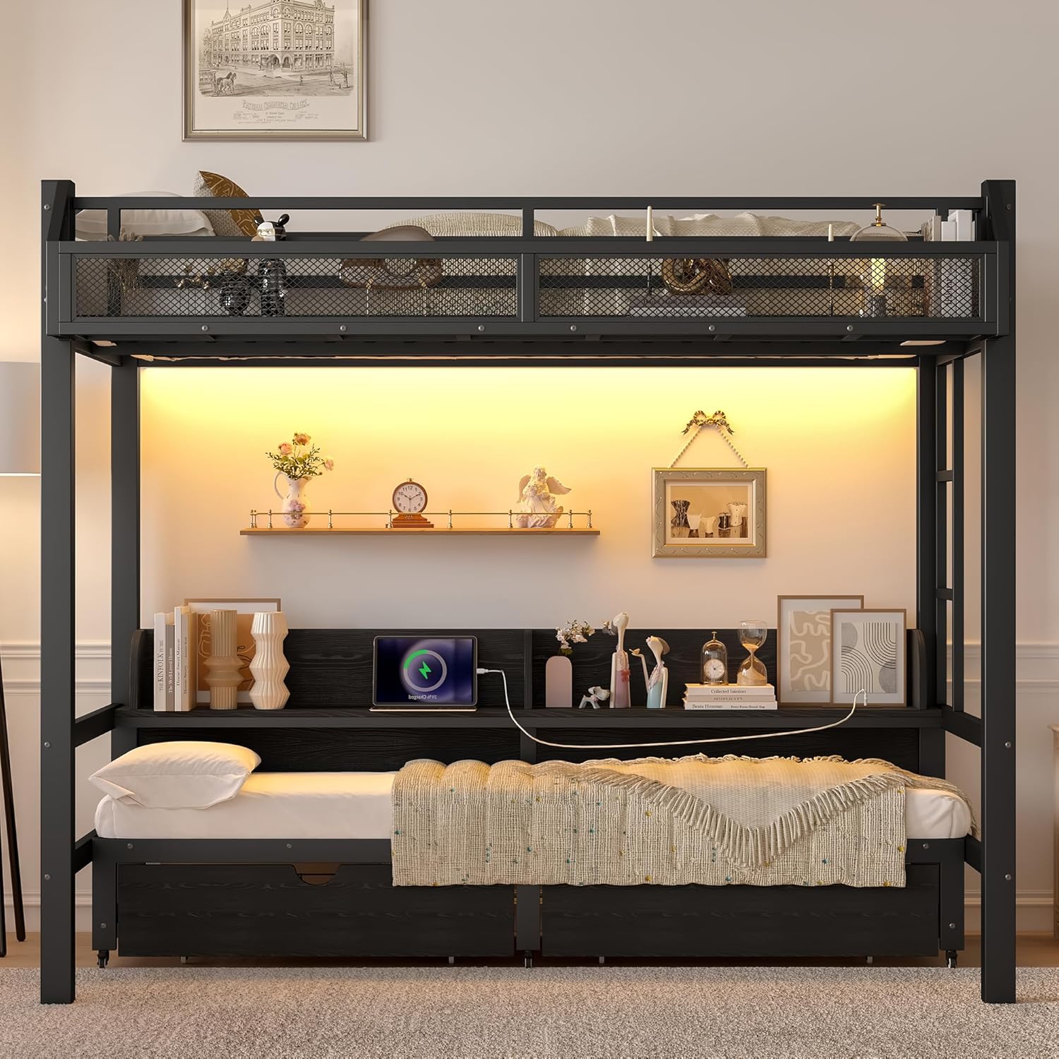 KEIKI Twin XL Over Twin XL Bunk Bed with Storage Shelves and Drawers, Metal Bedframe with with USB Ports, Box Spring Required, Black