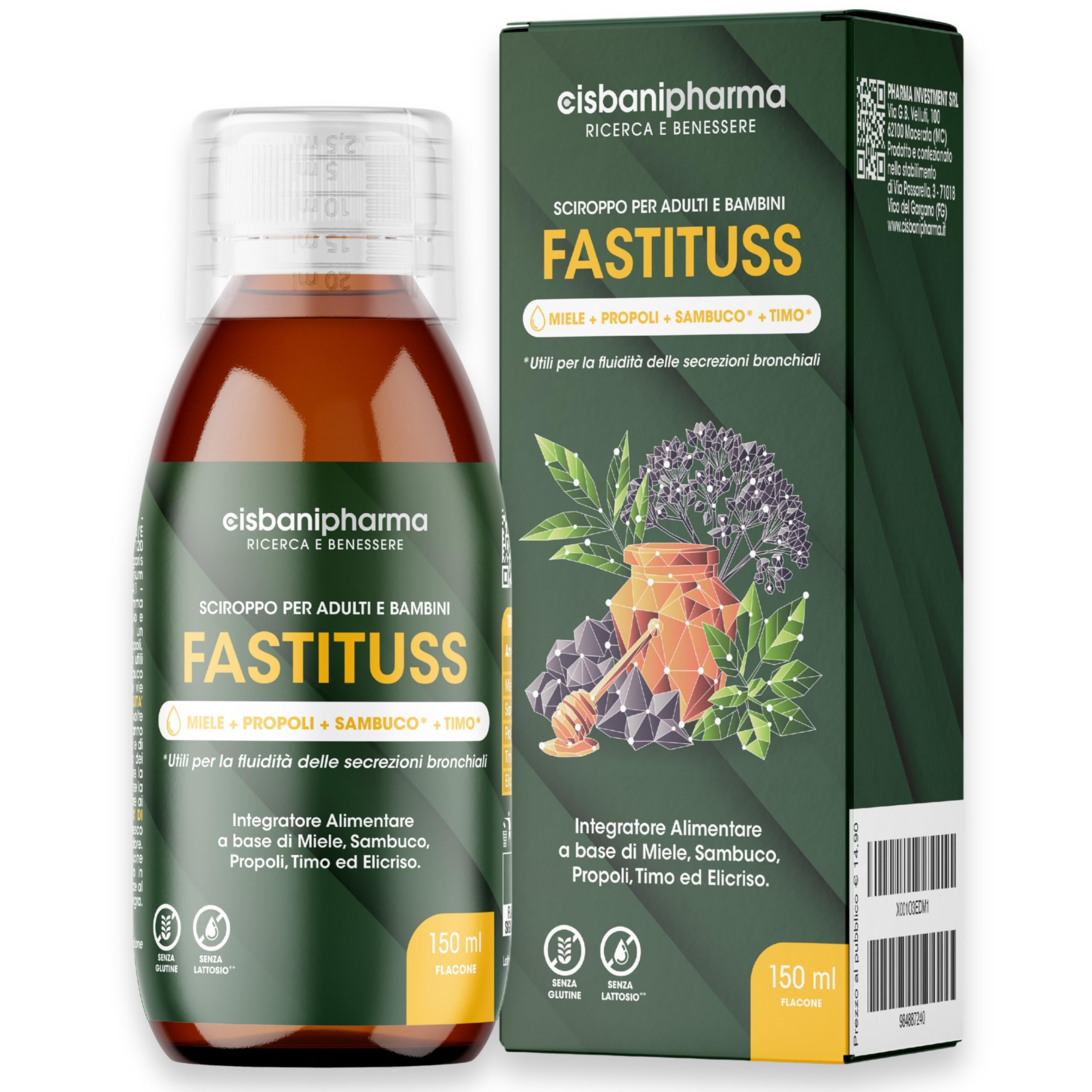 CISBANI PHARMA Sciroppo tosse secca e grassa e mal di gola a base di Sambuco, Miele, Propoli, Timo ed Elicrisio - Emolliente e lenitivo - Flacone 150 ml, per Adulti e Bambini