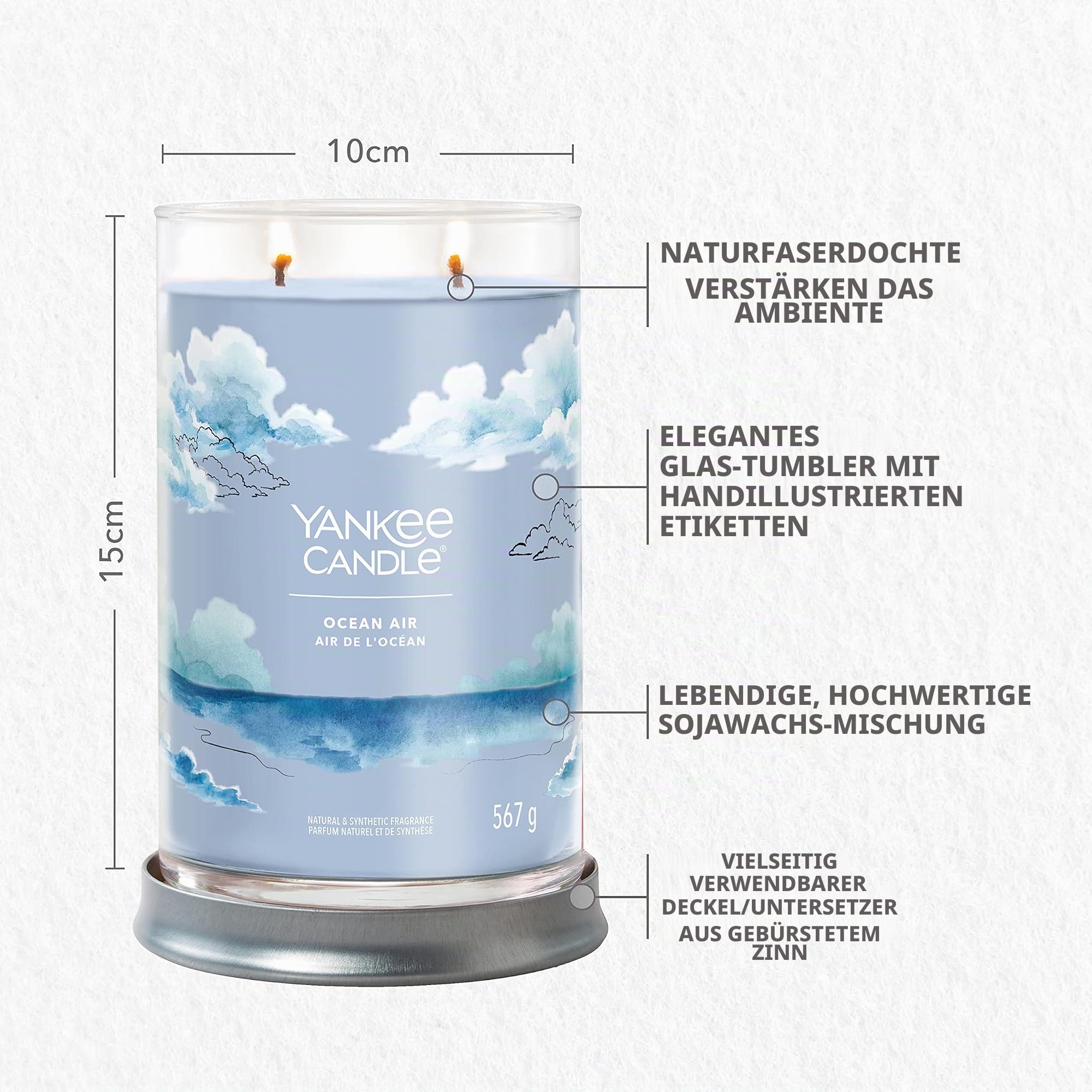 Yankee Candle Signature Duftkerze | große Tumbler-Kerze mit langer Brenndauer „Ocean Air“ | Soja-Wachs-Mix | Perfekte Geschenke für Frauen