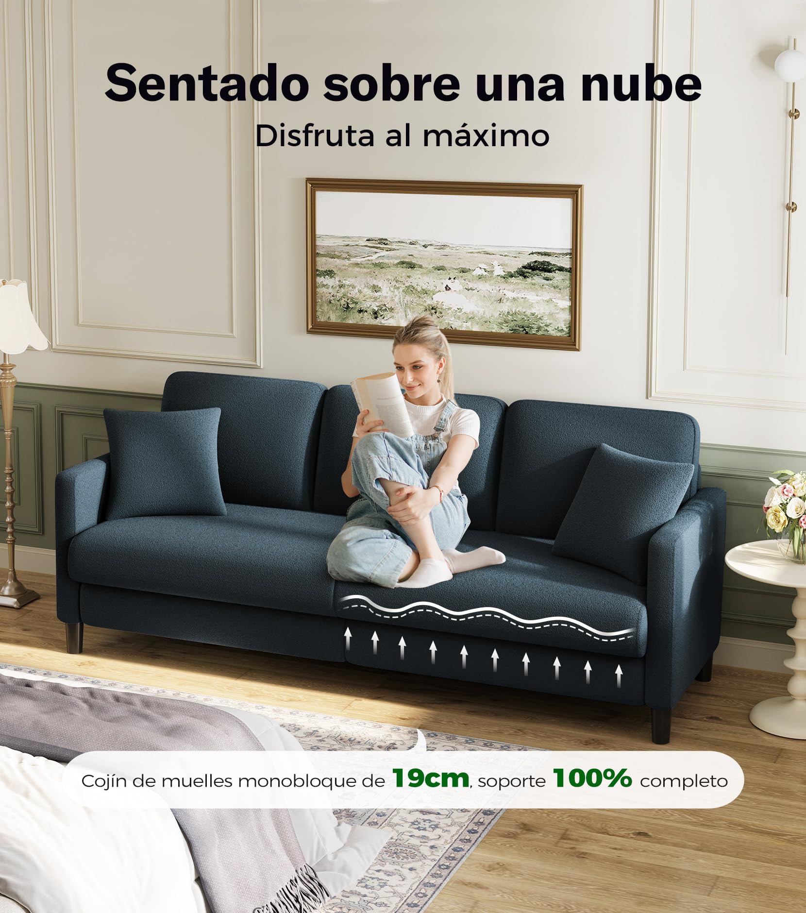 Welzona Sofá de 211 cm, 3 plazas, cómodo Forro Polar de Peluche, sofá de construcción sin Herramientas, pequeño con 2 Cojines incluidos, Azul