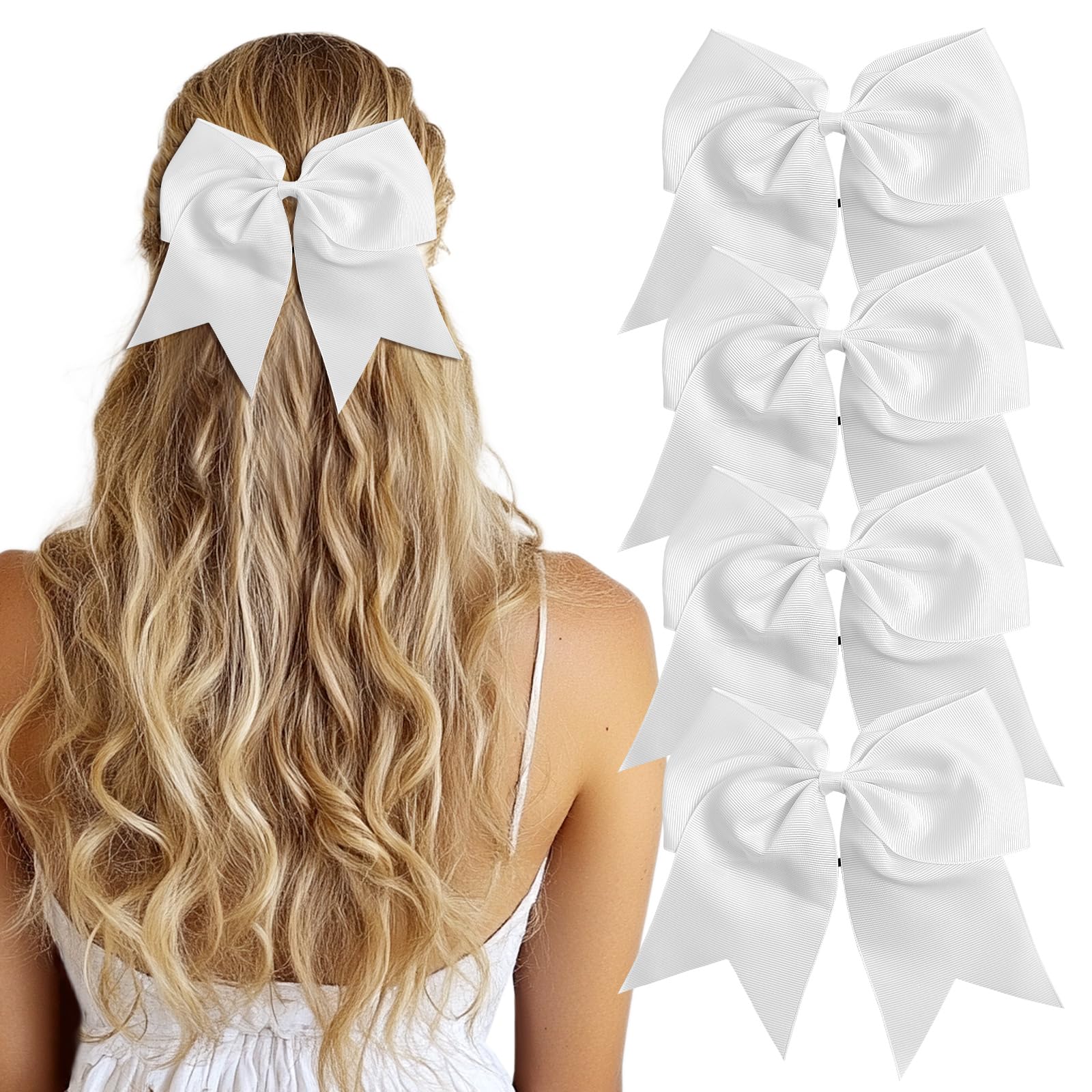 AXEN Large Cheerling Bow, 8 inch Cheer Hair Bows with Ponytail Holder for Teen Girls Sports Cheerleader Hair Accessories, White