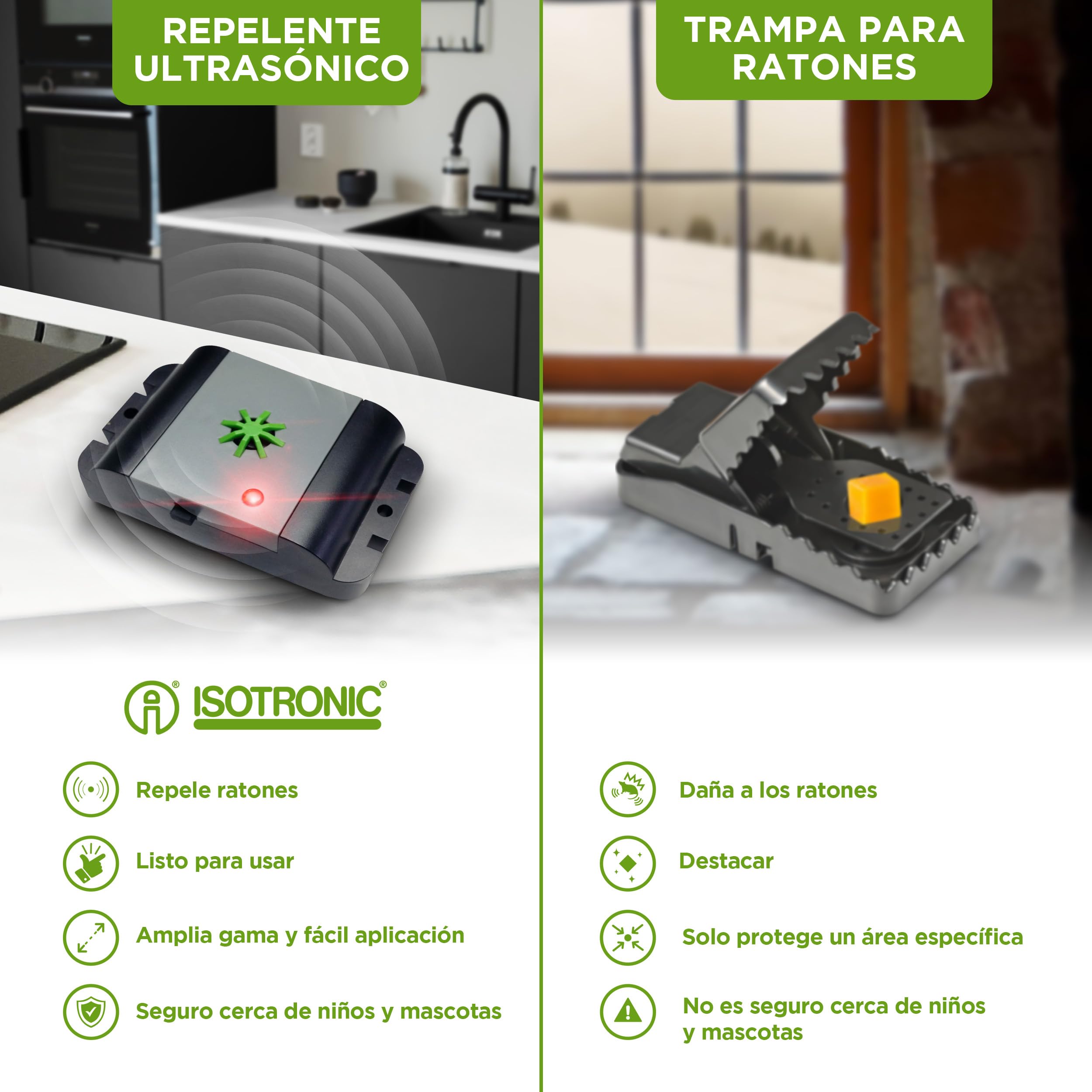 ISOTRONIC Repelente Ultrasónico para Ratones y Ratas — Dispositivo para Ático, Sótano y Garaje — Sin Veneno ni Trampas — Alcance Efectivo 40 m² — Defensa para Interiores (3 Unidades)