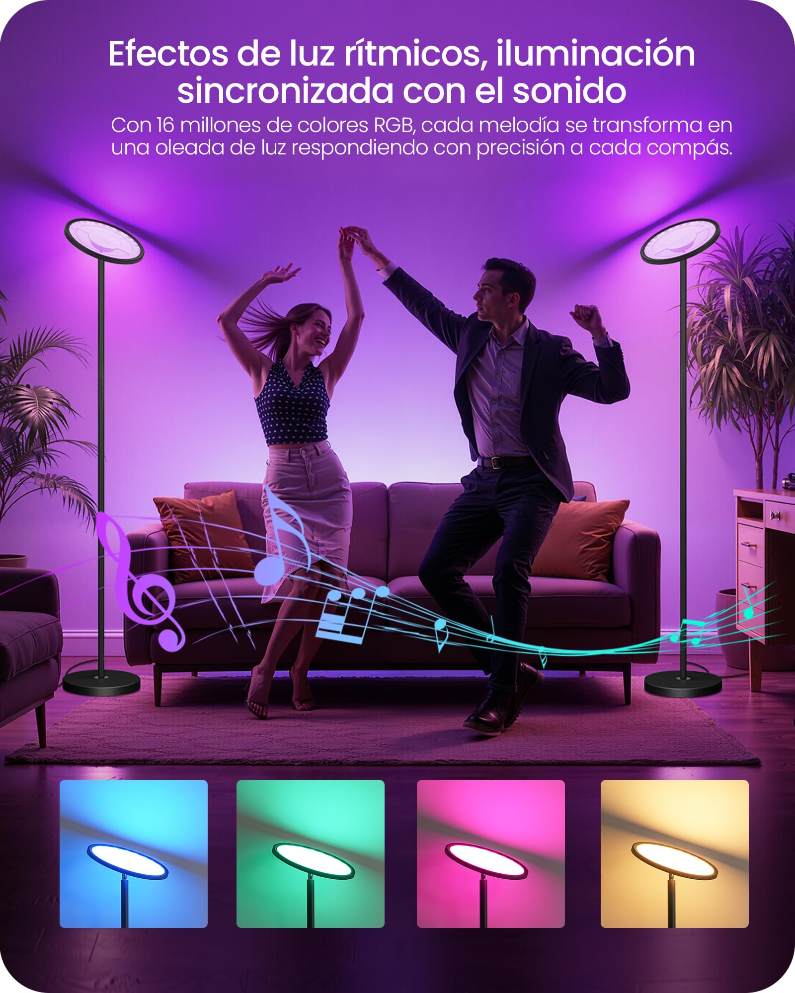 Lámpara de Pie RGB con Control por Aplicación y Voz, Compatible con Alexa, Sincronización Musical, Temporizador, Lámpara de Pie LED Inteligente, 30 W, Luz del 10 al 100%, para Salón, Negro