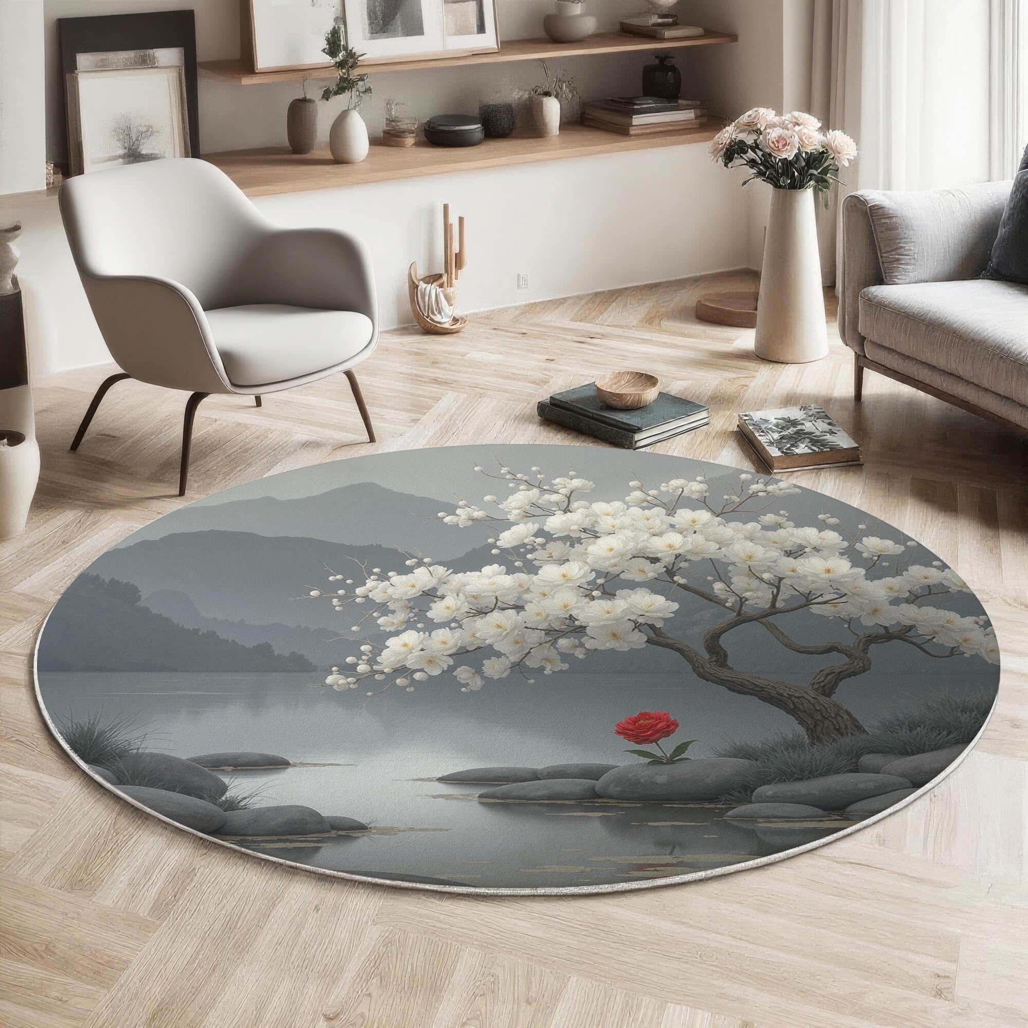 Tapis rond de montagnes 200cm grand tapis lavable en machine pour salon et chambre