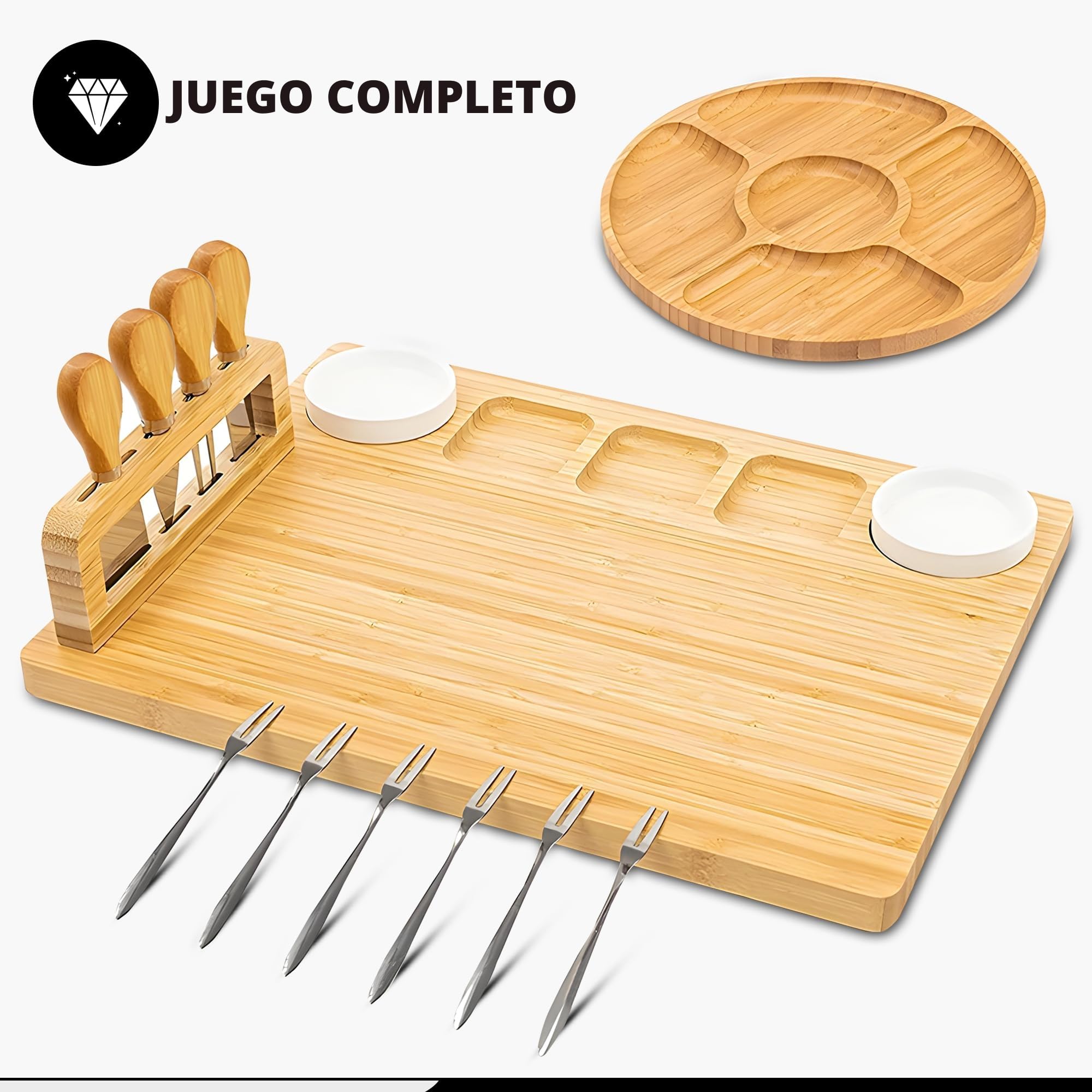 Tabla de Quesos de Bambú con Cuchillos y Tenedores - Set de Tabla para Aperitivos y Embutidos con Bandeja de Servicio | Bandeja de Madera Ecológica para Tapas, Fruta y Carne | Regalo Original