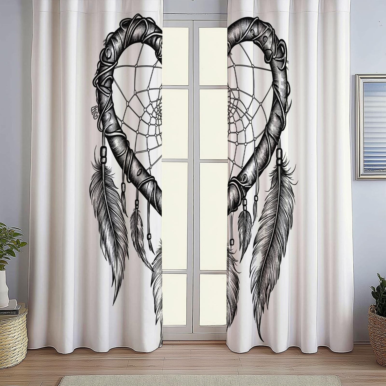 Rideaux Occultants 91.5x214 cm 2 Panneaux Attrape-rêves Coeur Tissu Occultant Chambre Enfant Blanc