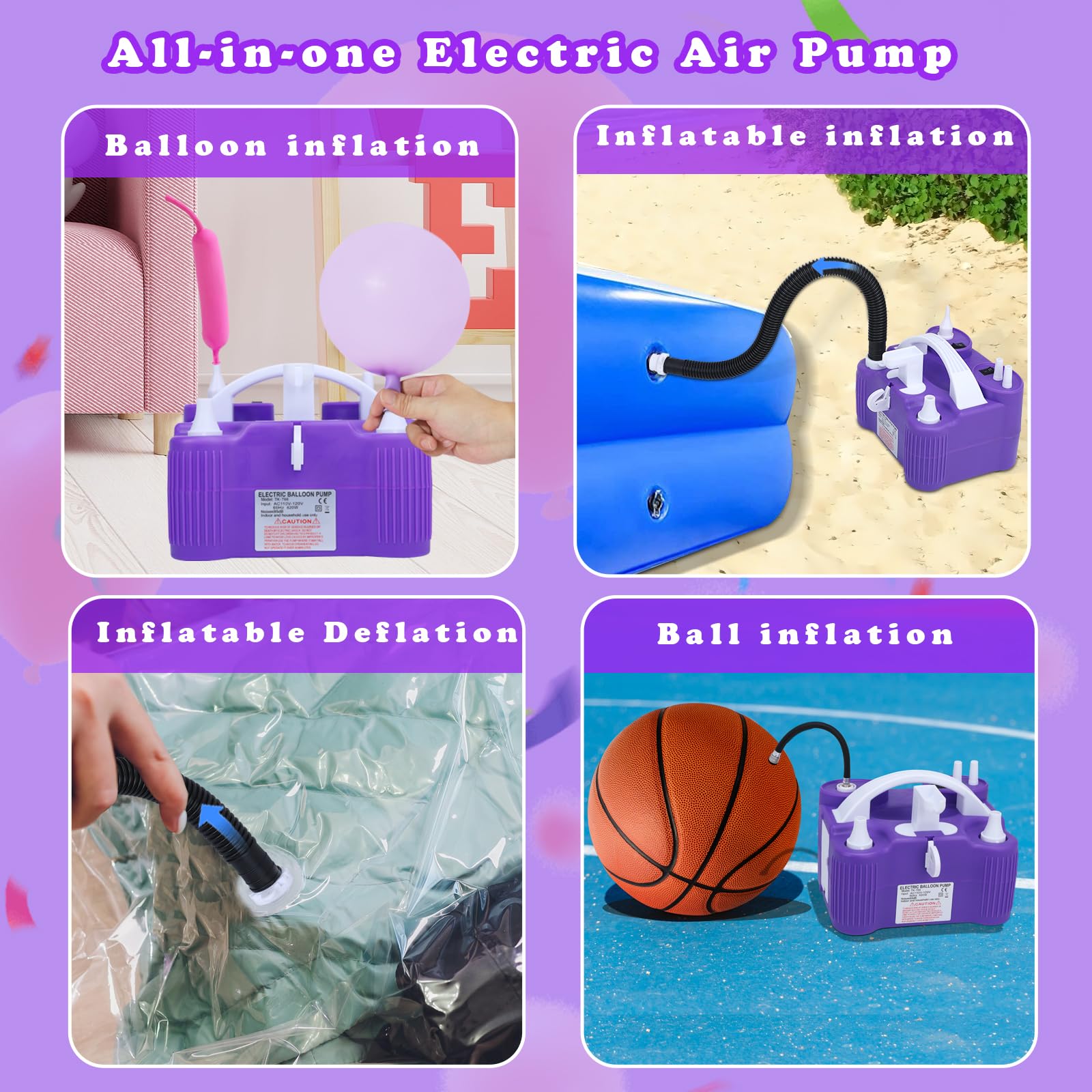 Bomba eléctrica para globos, bomba de aire eléctrica portátil 4 en 1 para inflables, globos y pelotas deportivas, inflador de globos para 260 q, papel de aluminio, globos de látex y flotadores de