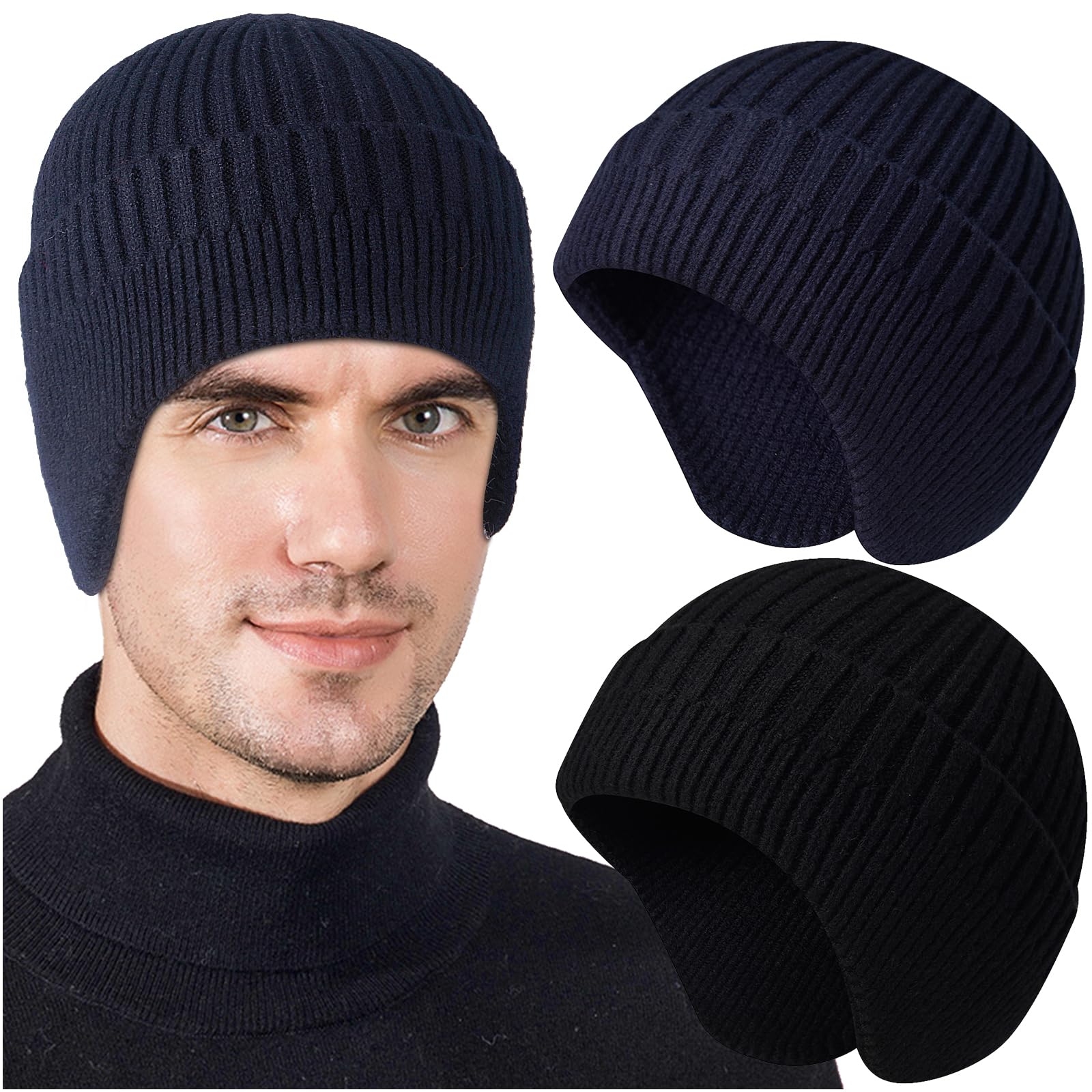 2pcs Winter Beanies with Ear Flaps for Men Women, Warm Knit Earflaps Cap Thick Hats