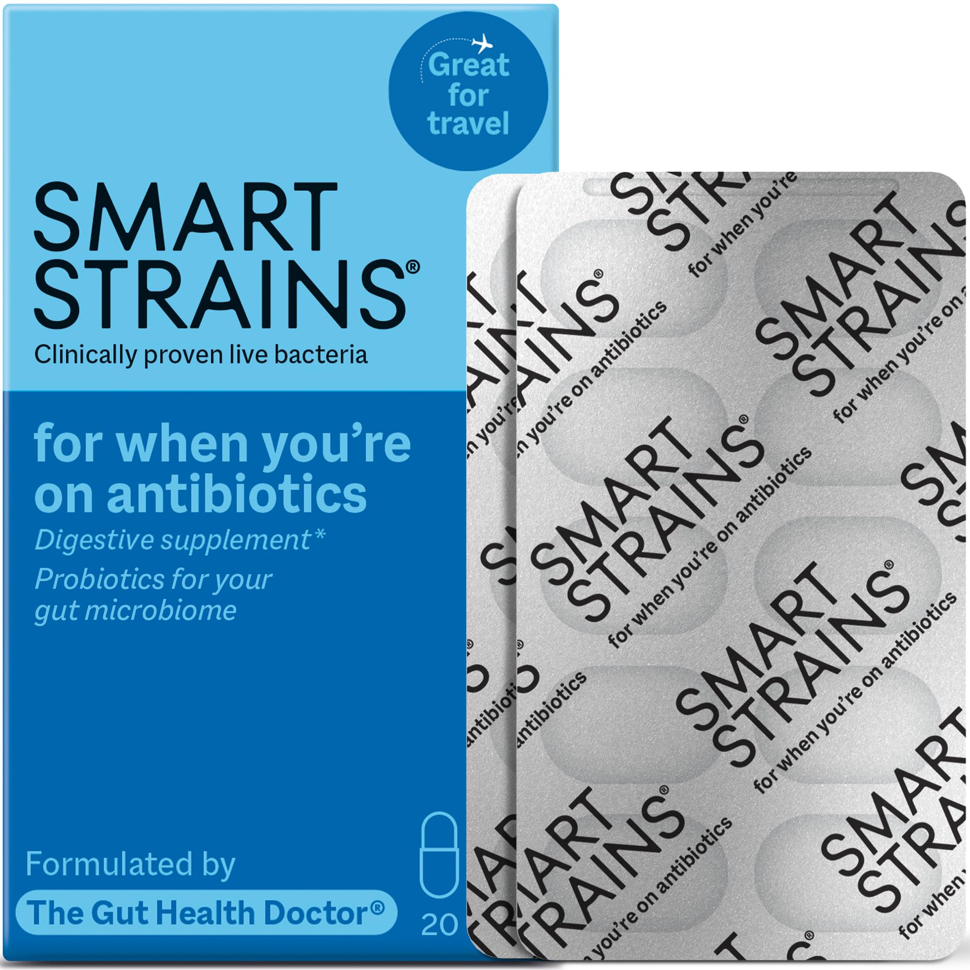 SMART STRAINS Probiotics for Antibiotics & Traveller's Tummy – Proven Live Bacteria, Formulated by The Gut Health Doctor, 10 Billion LGG World’s Most Studied Bacterial Cultures, 20 Oral Capsules