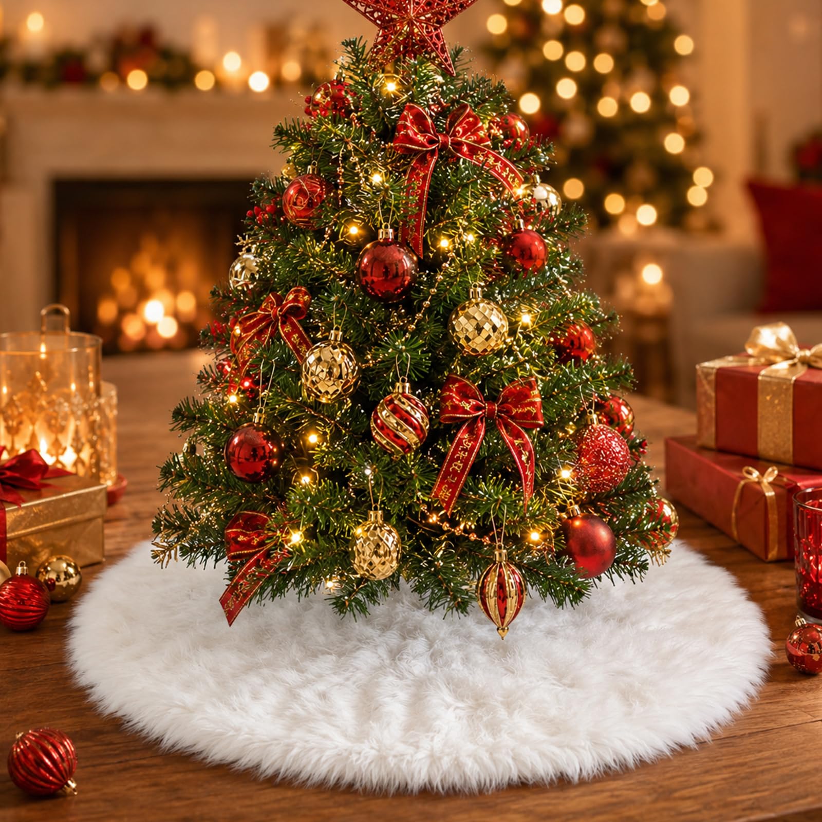 Deggodech 60cm Plush Christmas Tree Skirt Cream White - Small Thick Beige Faux Fur Xmas Tree Skirt, Premium Fluffy Dense Pile Floor Cover for Christmas Holiday & Party Decoration - 24 Inches