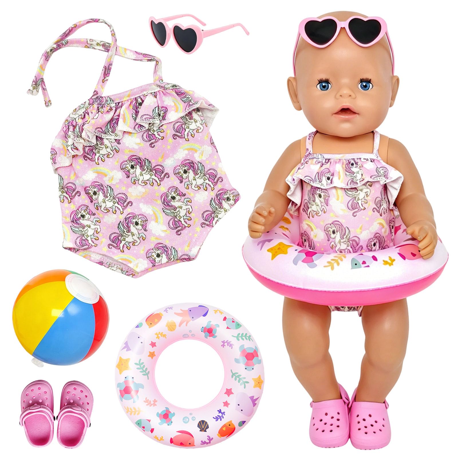 Doll Swimsuit Outfit Set for 35-45cm Dolls,Print One-Piece Swimwear with Pink Swim Ring, Heart Sunglasses, Clogs Sandals and Beach Ball, Summer Pool Accessories for Dolls