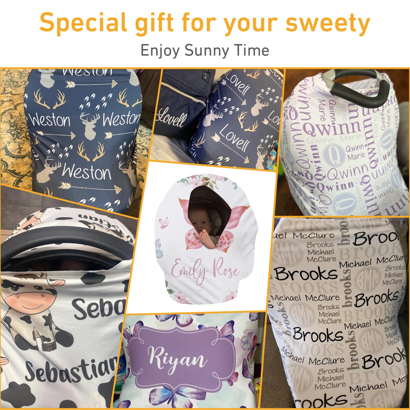 Personalised Car Seat Cover for Babies - Pink Butterfly Print Multi-use Carseat Canopy Cover with Name, Car Seat Covers, Christmas Birthday Gifts for Infant Boys and Girls(27