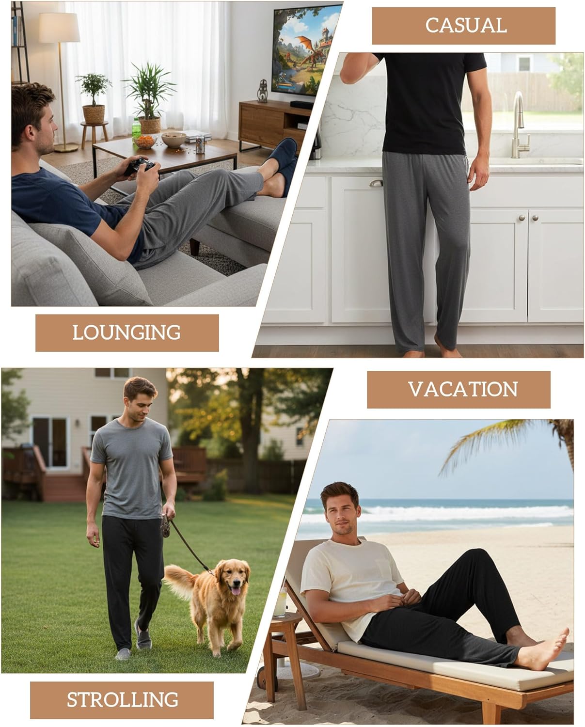 4 Pcs Men's Pajama Pants Lightweight Long Silky Lounge Bottoms Soft Sleep Modal Pj Pants with Pockets Drawstring - Image 5