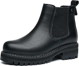 Waterproof Black Chelsea Boots Women Lug Sole Boots Bootie Ankle Boots Chunky Heel Ladies Cute Shoes