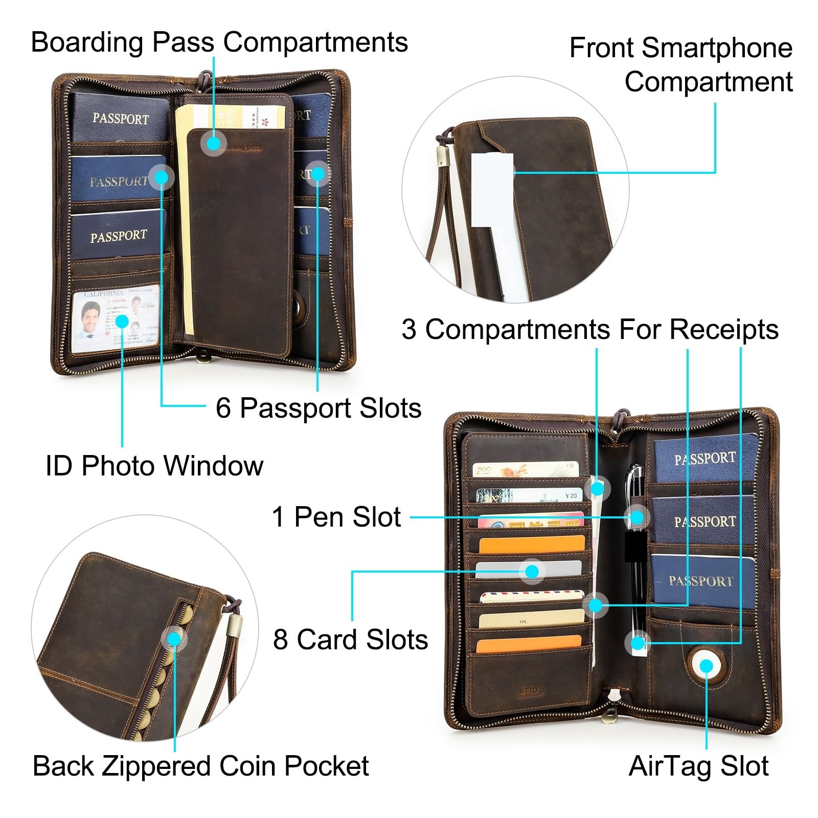 Reisepass Organizer Echtes Leder Familie Pass Kupplung Brieftaschen Vintage Männer Reisetaschen Abdeckung Karte Halter Telefon Tasche(Coffee)