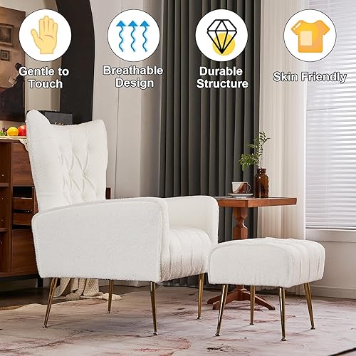 Miniatura 6 de ODUWA Silla decorativa de peluche con otomana, moderno sofá con reposabrazos y respaldo, juego de sillón y reposapiés con botones, sillón individual