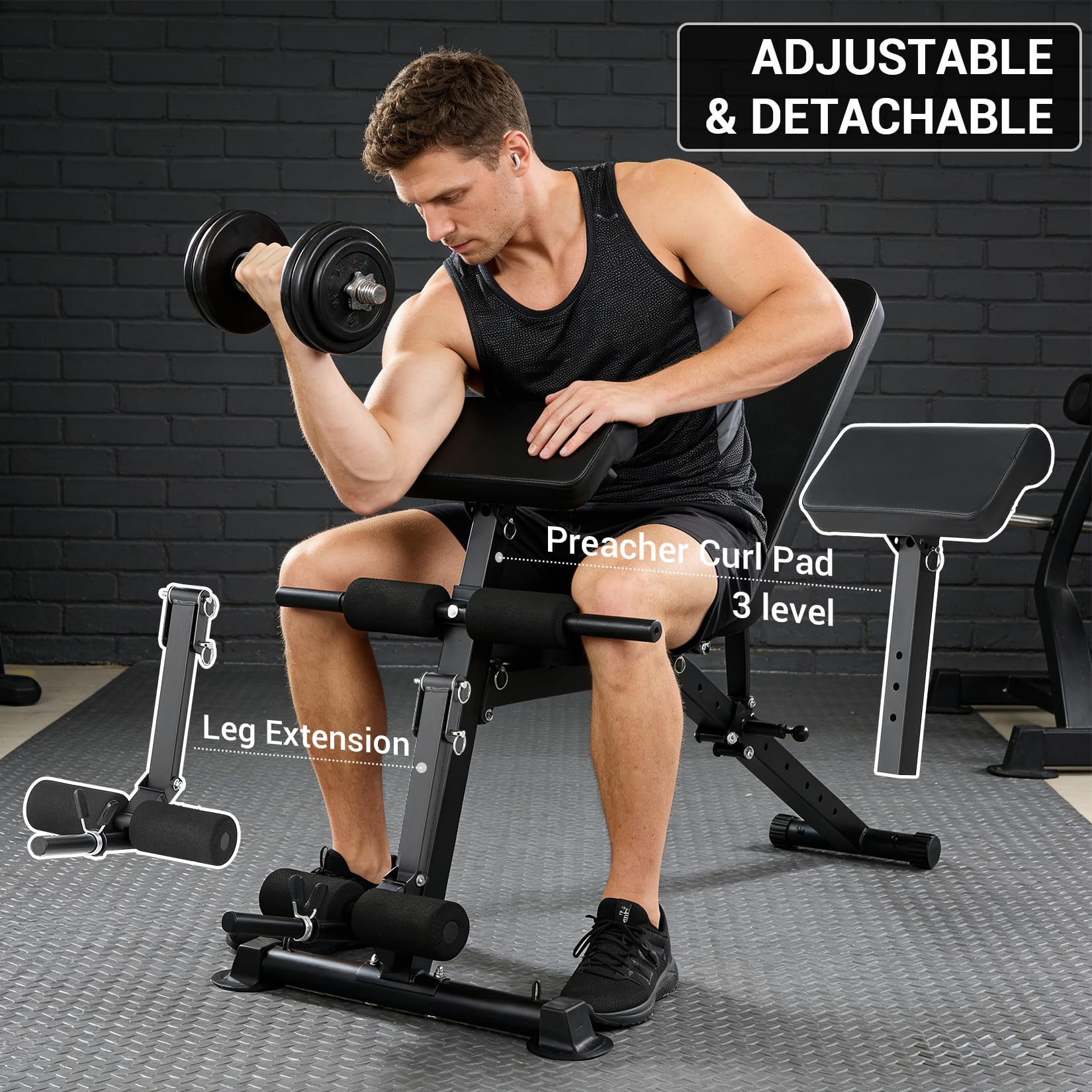 Banco de musculación ajustable, banco de fitness plegable con soporte para piernas para entrenamiento completo en el hogar, multifunción entrenamiento completo del cuerpo con cuerda de tracción