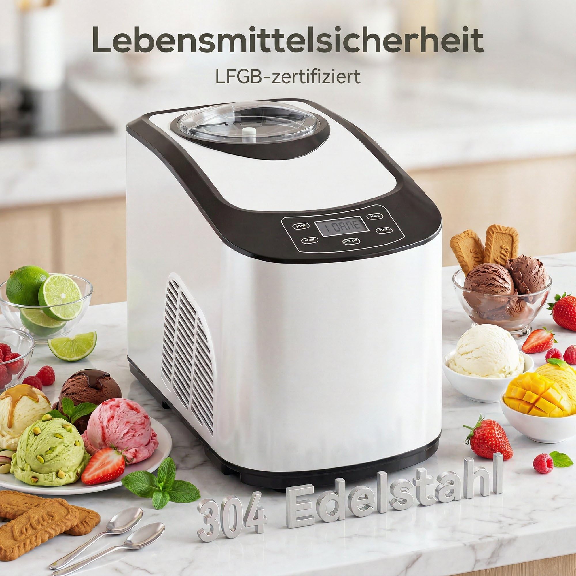 HOMCOM Eismaschine 1,5L mit Soft-Eis-Modus & Hart-Eis-Modus LCD Display | Eiscrememaschine, Speiseeisbereiter, Frozen Eisbereiter Speiseeismaschine, Messbecher, Schaufel, 45 Min., DIY Eiscreme