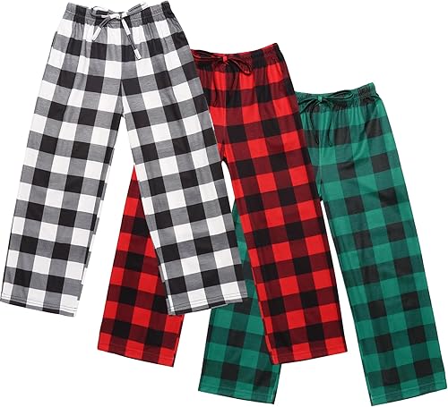 Ekouaer Pantalones de pijama para niños, paquete de 3 pantalones de dormir suaves con cintura elástica para niños, pantalones de pijama a cuadros