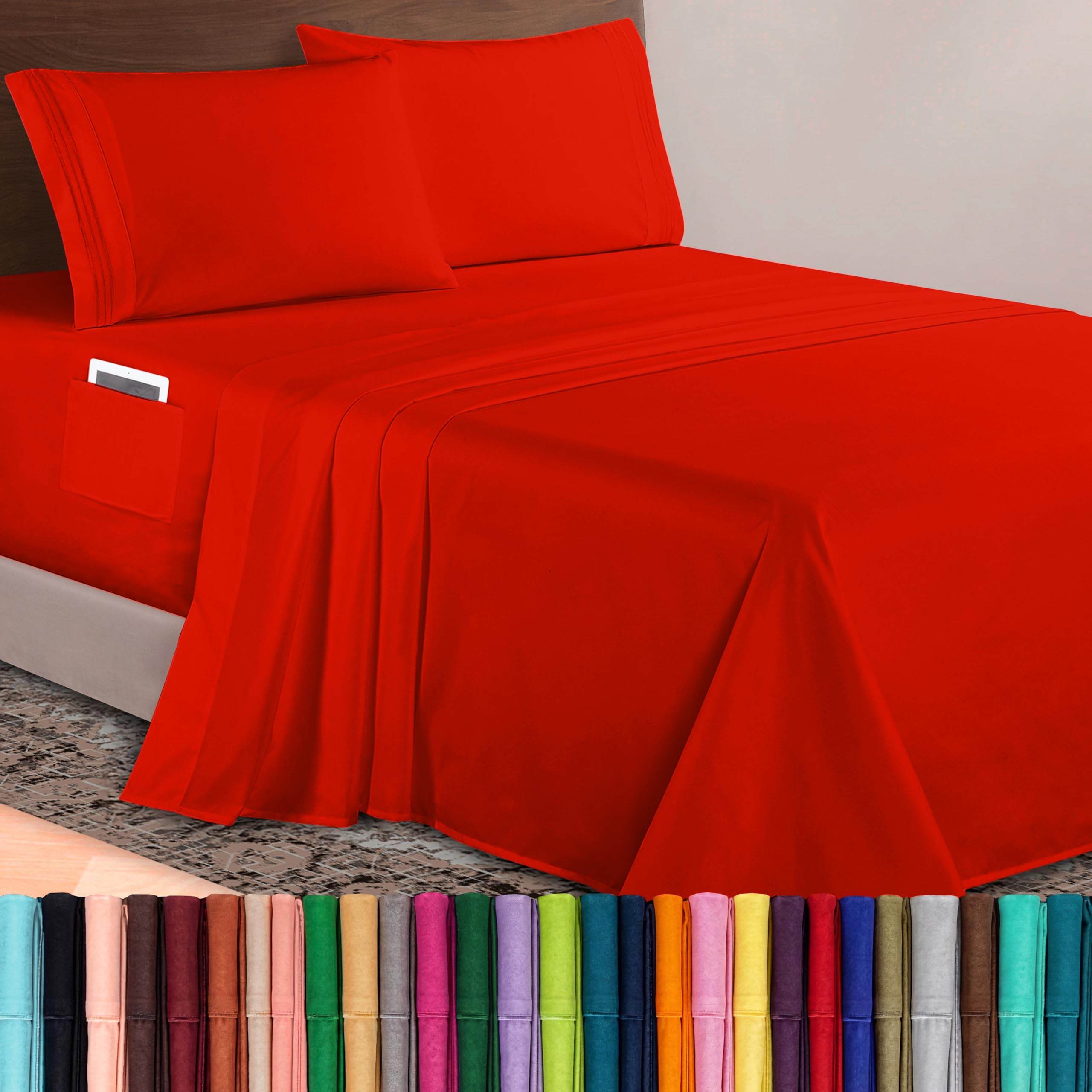 Elegant Comfort Luxurious 1500 Premium Hotel Quality Microfiber 4-Piece Sheet Set, 18-24 Inches Deep - Extra Deep Pocket Sheets - Ultra Soft 4PC Deep Pocket Sheets, California King, Red